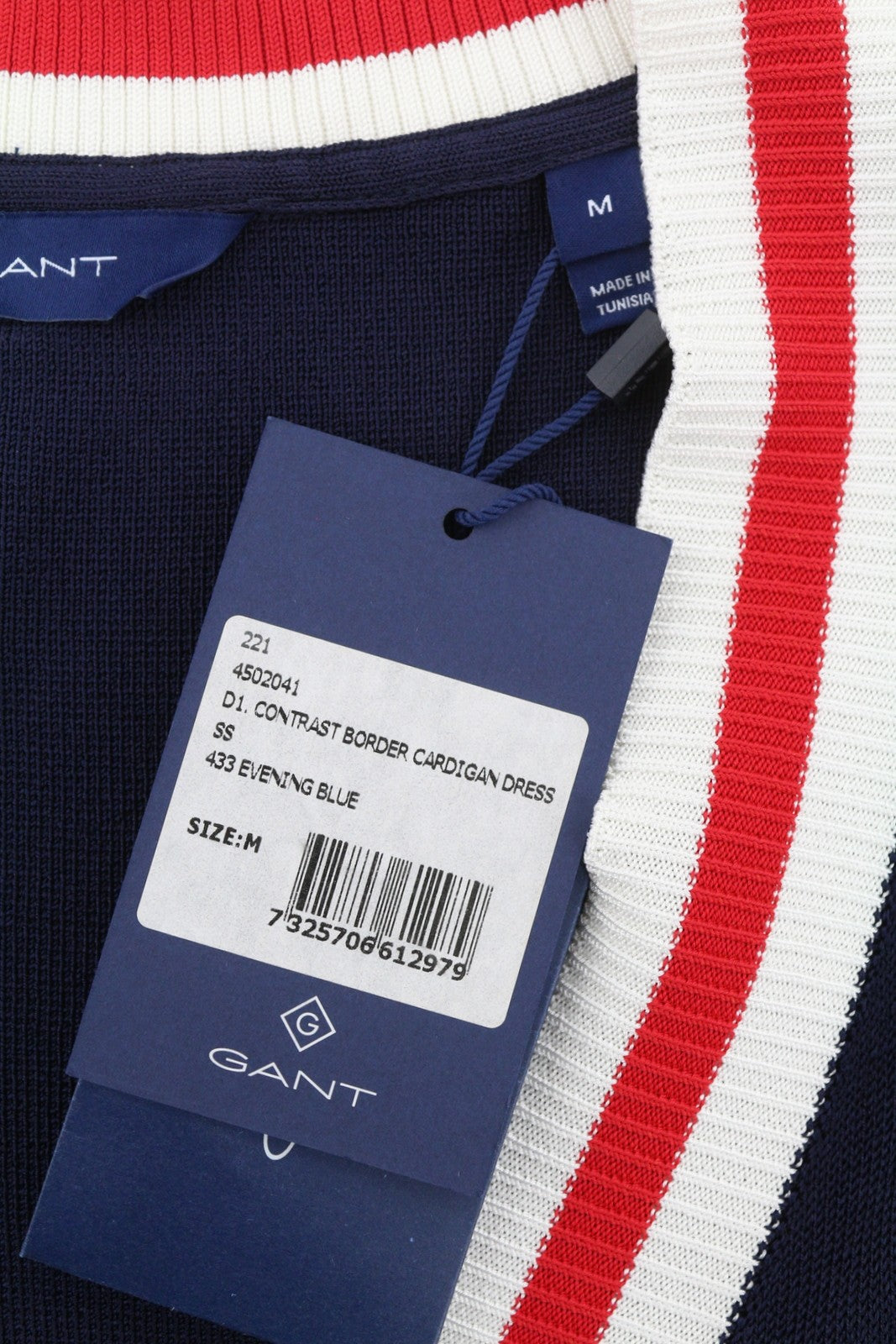 GANT Contrast Border Cardigan Women Dress M Evening Blue Knit Midi Short Sleeve