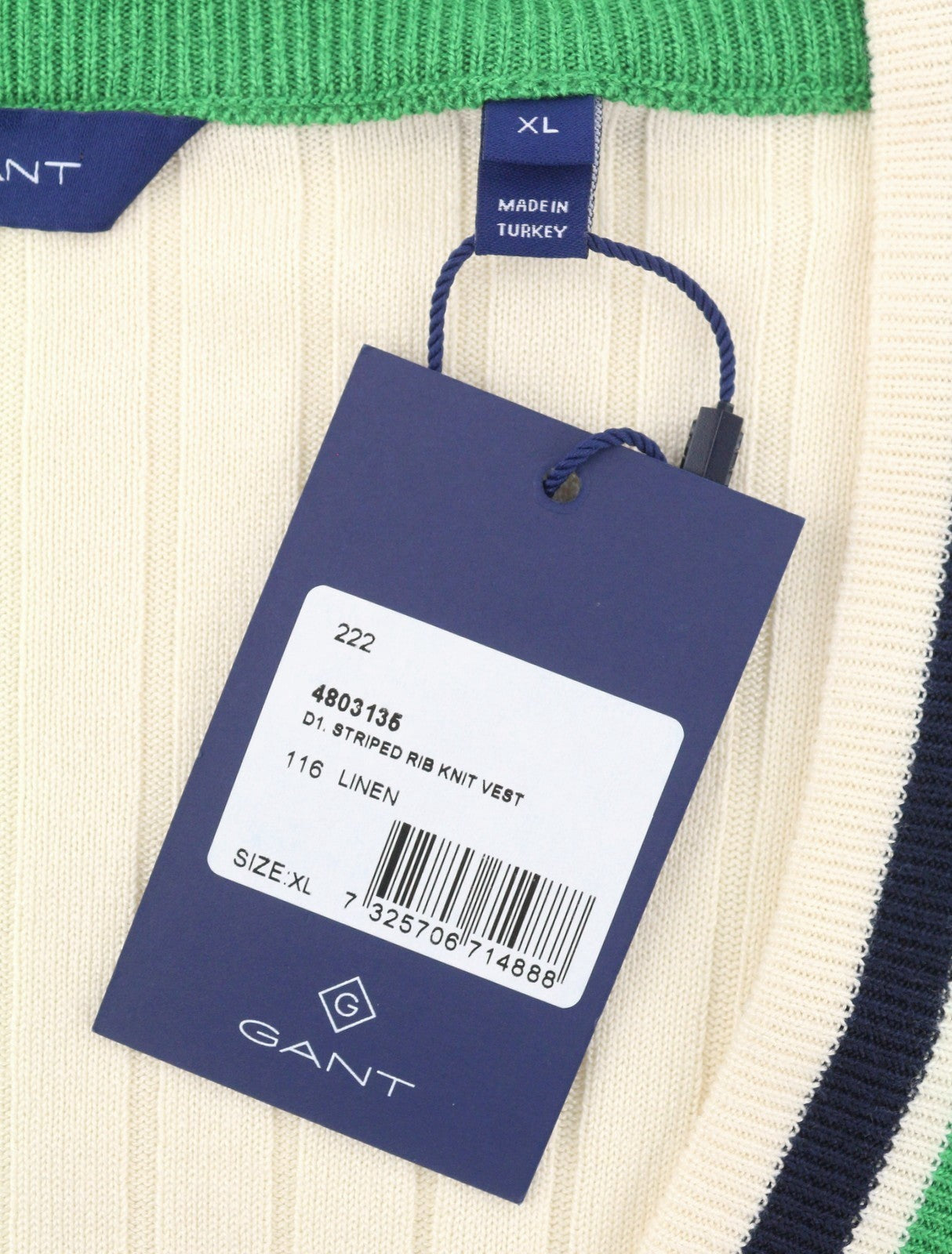 GANT Striped Rib Knit Vest Women Waistcoat XL Cream V-Neck Stretch RRP125