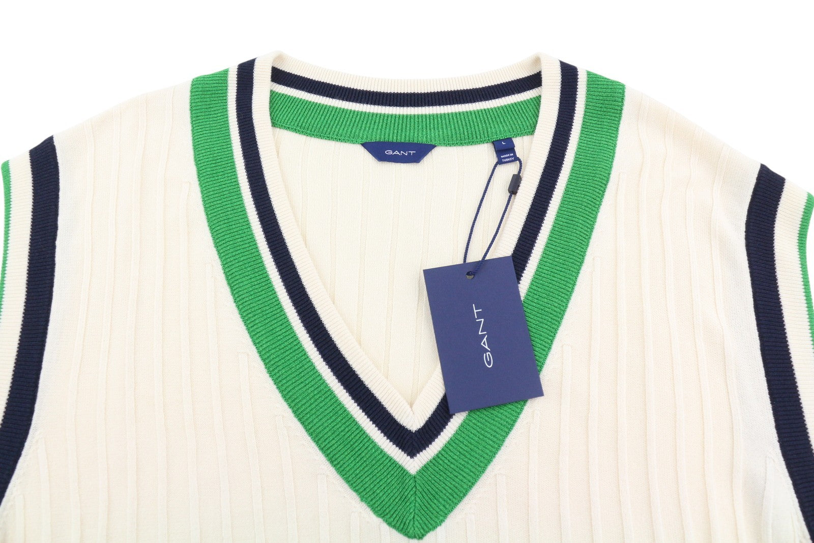 GANT Striped Rib Knit Vest Women Waistcoat L Cream V-Neck Stretch RRP125