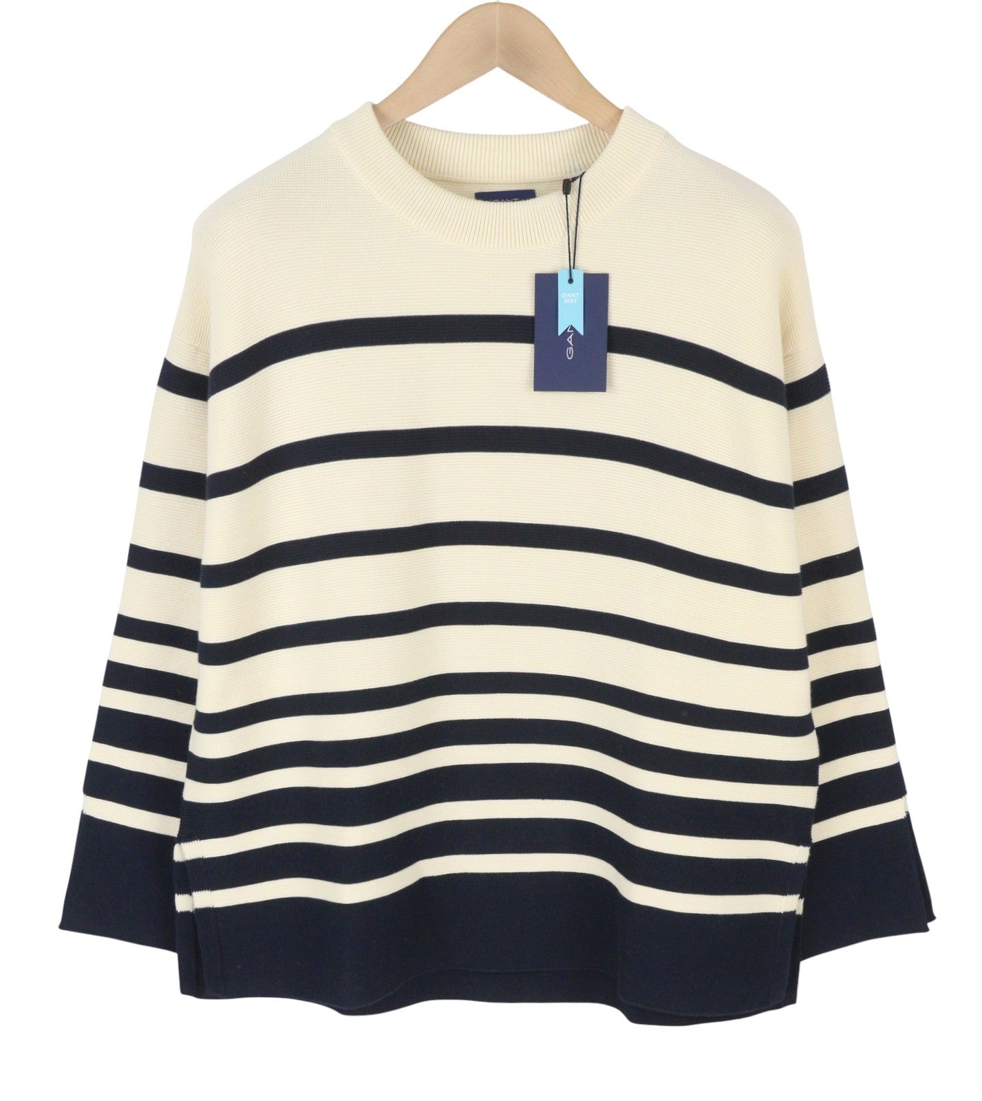 GANT Breton Stripe C-Neck Women Jumper XS Cream Tight-Knit Stretch Pullover