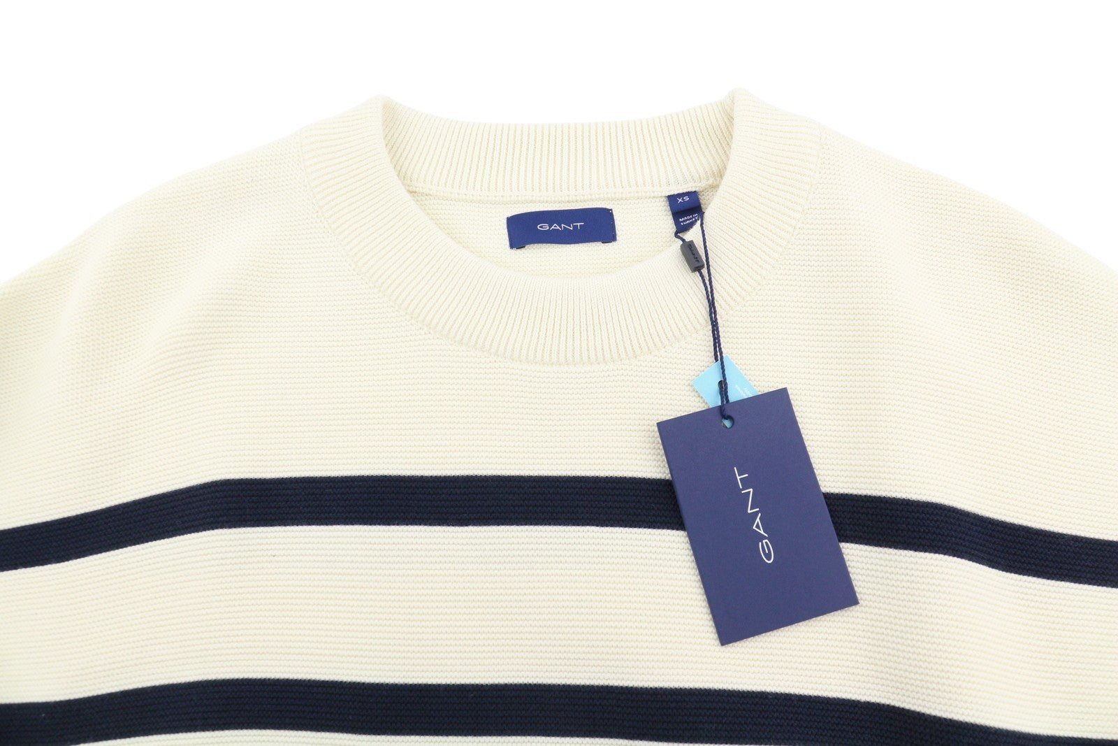 GANT Breton Stripe C-Neck Women Jumper XS Cream Tight-Knit Stretch Pullover