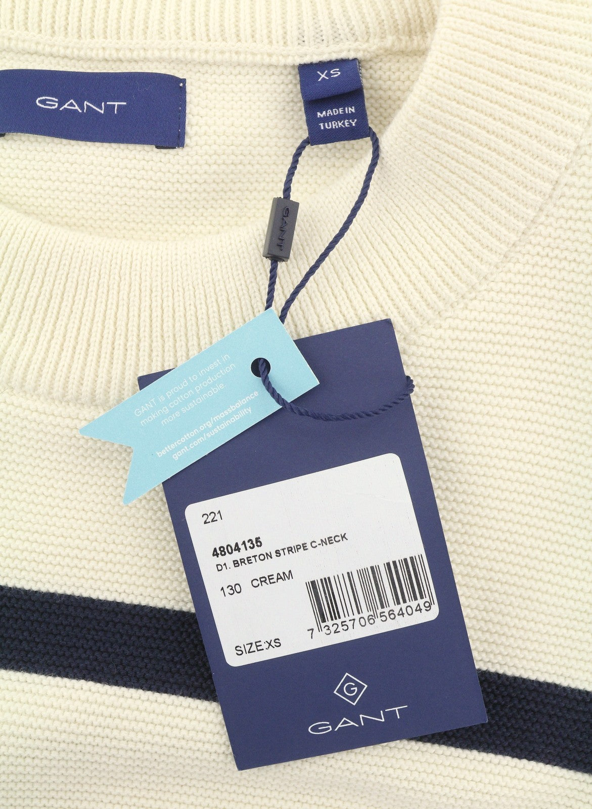 GANT Breton Stripe C-Neck Women Jumper XS Cream Tight-Knit Stretch Pullover