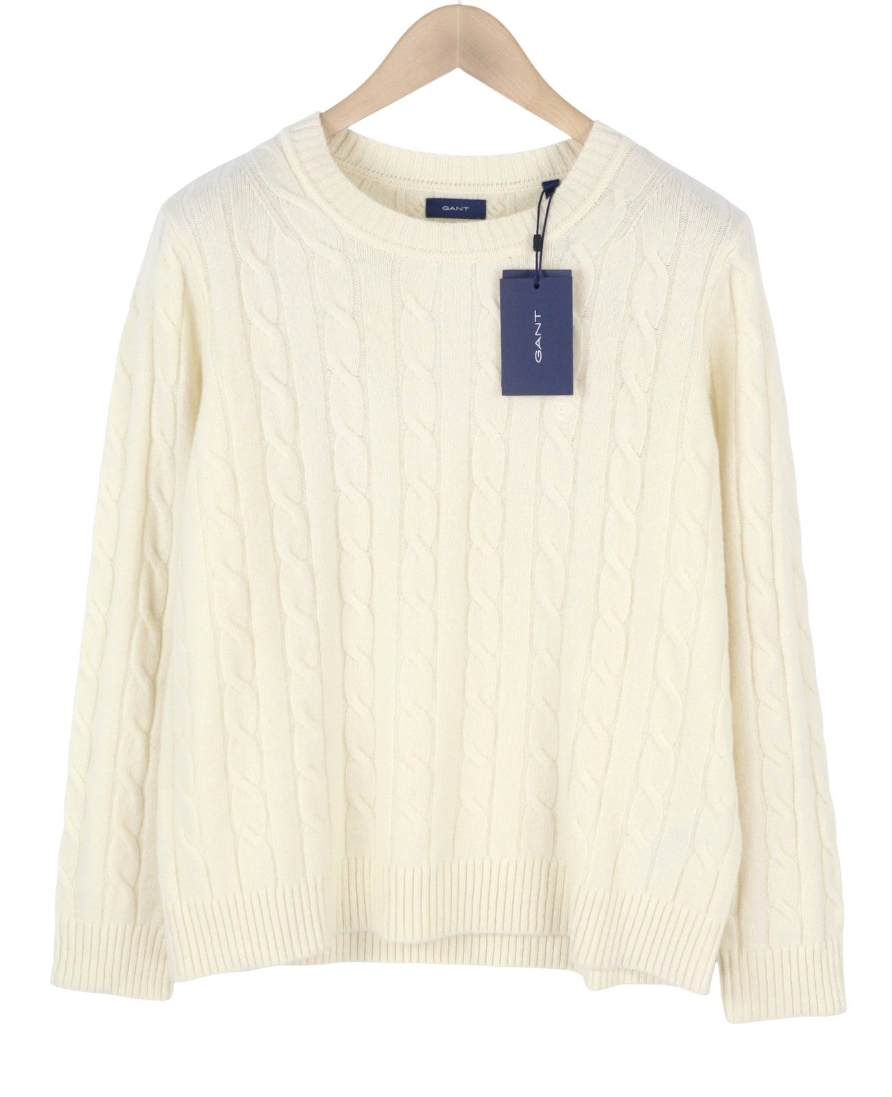 GANT Lambswool Cable C-Neck Women Jumper L Cream Wool Blend Knit Pullover