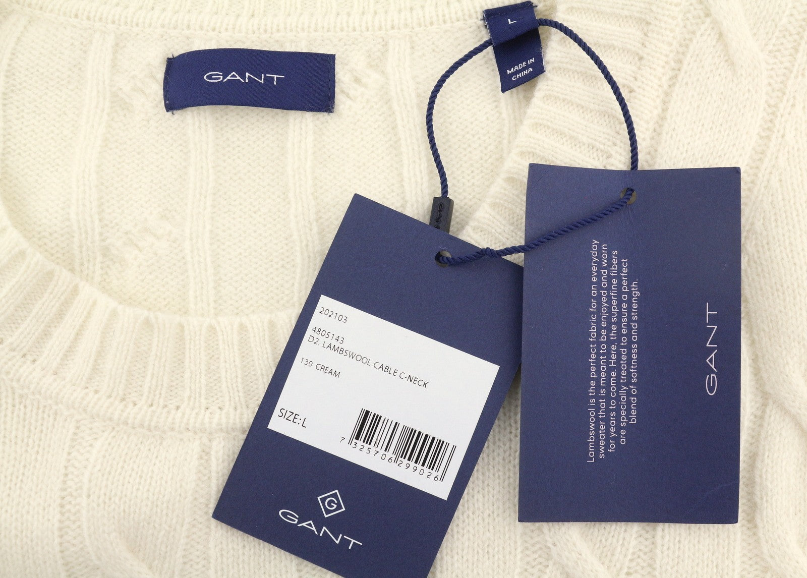 GANT Lambswool Cable C-Neck Women Jumper L Cream Wool Blend Knit Pullover