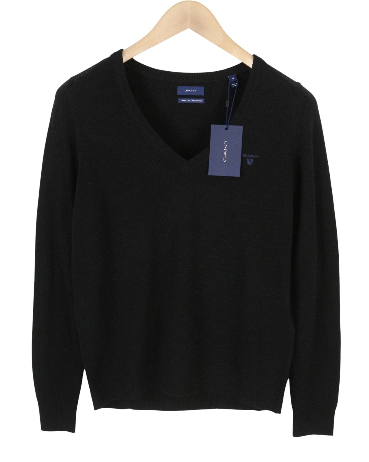 GANT Extrafine Lambswool V-Neck Women Jumper M Black Knit Pullover