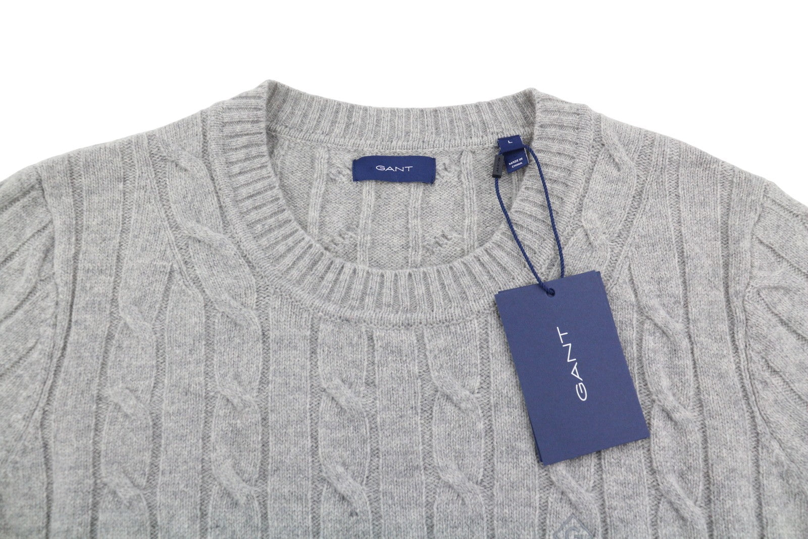 GANT Lambswool Cable C-Neck Women Jumper L Light Grey Knit Pullover