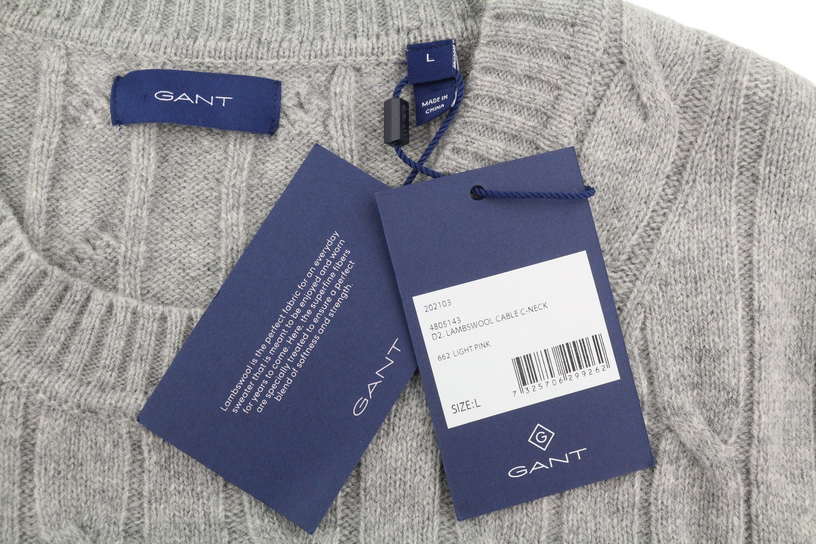 GANT Lambswool Cable C-Neck Women Jumper L Light Grey Knit Pullover