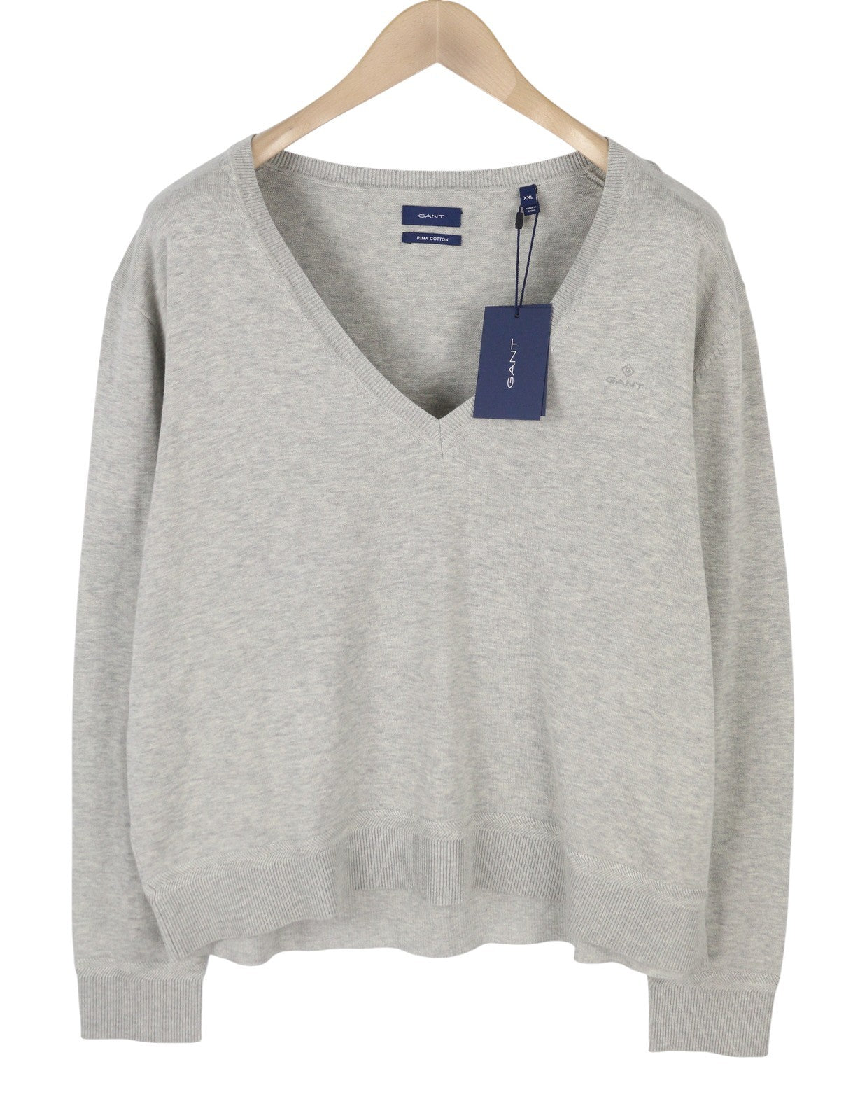 GANT Light Cotton V Neck Women Jumper 2XL Light Grey Melange Knit Pullover