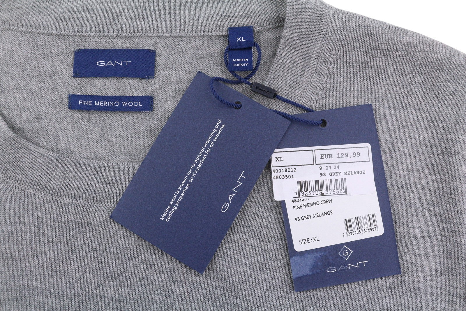 GANT Fine Merino Crew Women Jumper XL Grey Melange Tight-Knit Pullover