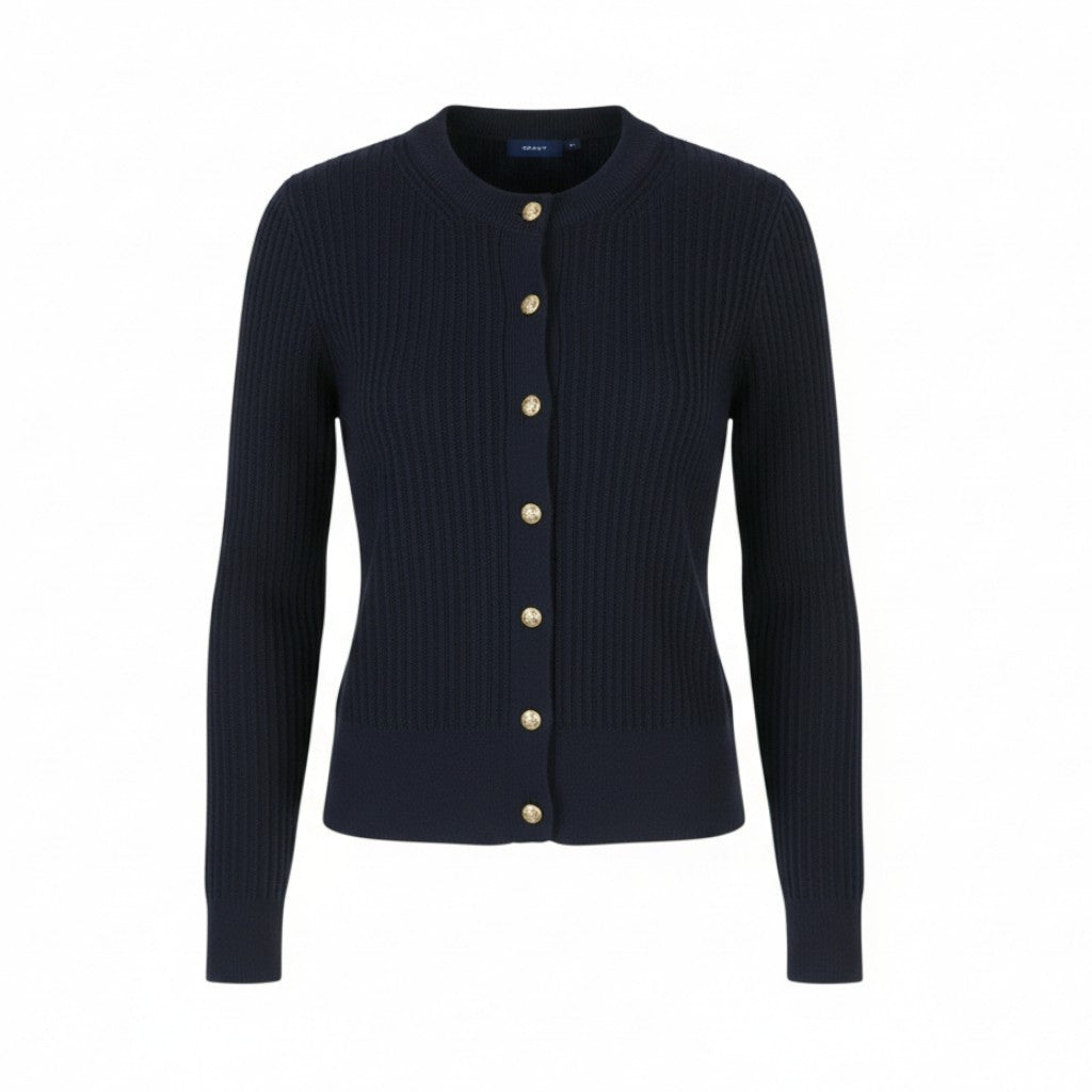 GANT Rib Pique Cardigan Women Jumper XS Evening Blue Organic Button-Up Knit
