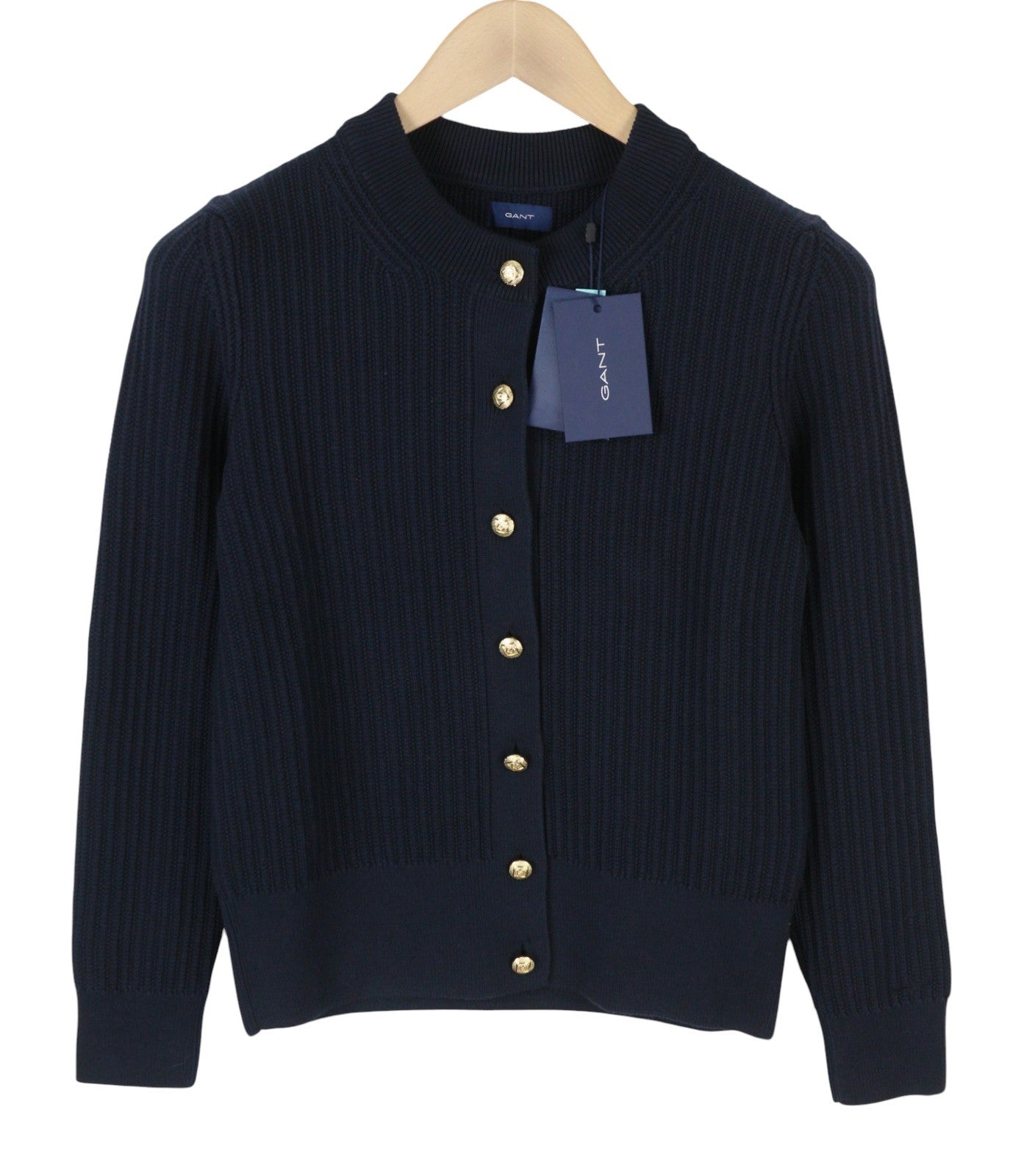 GANT Rib Pique Cardigan Women Jumper XS Evening Blue Organic Button-Up Knit