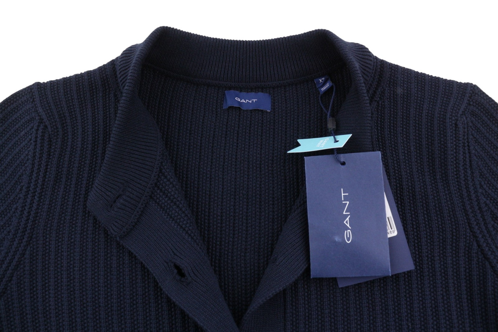 GANT Rib Pique Cardigan Women Jumper XS Evening Blue Organic Button-Up Knit