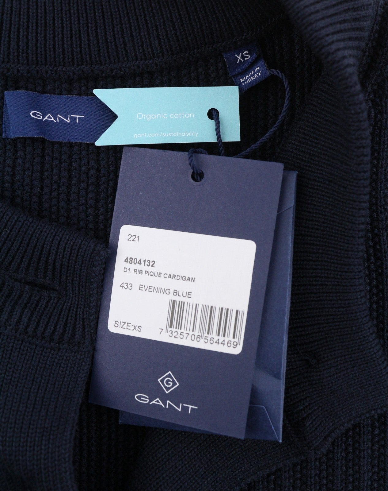 GANT Rib Pique Cardigan Women Jumper XS Evening Blue Organic Button-Up Knit