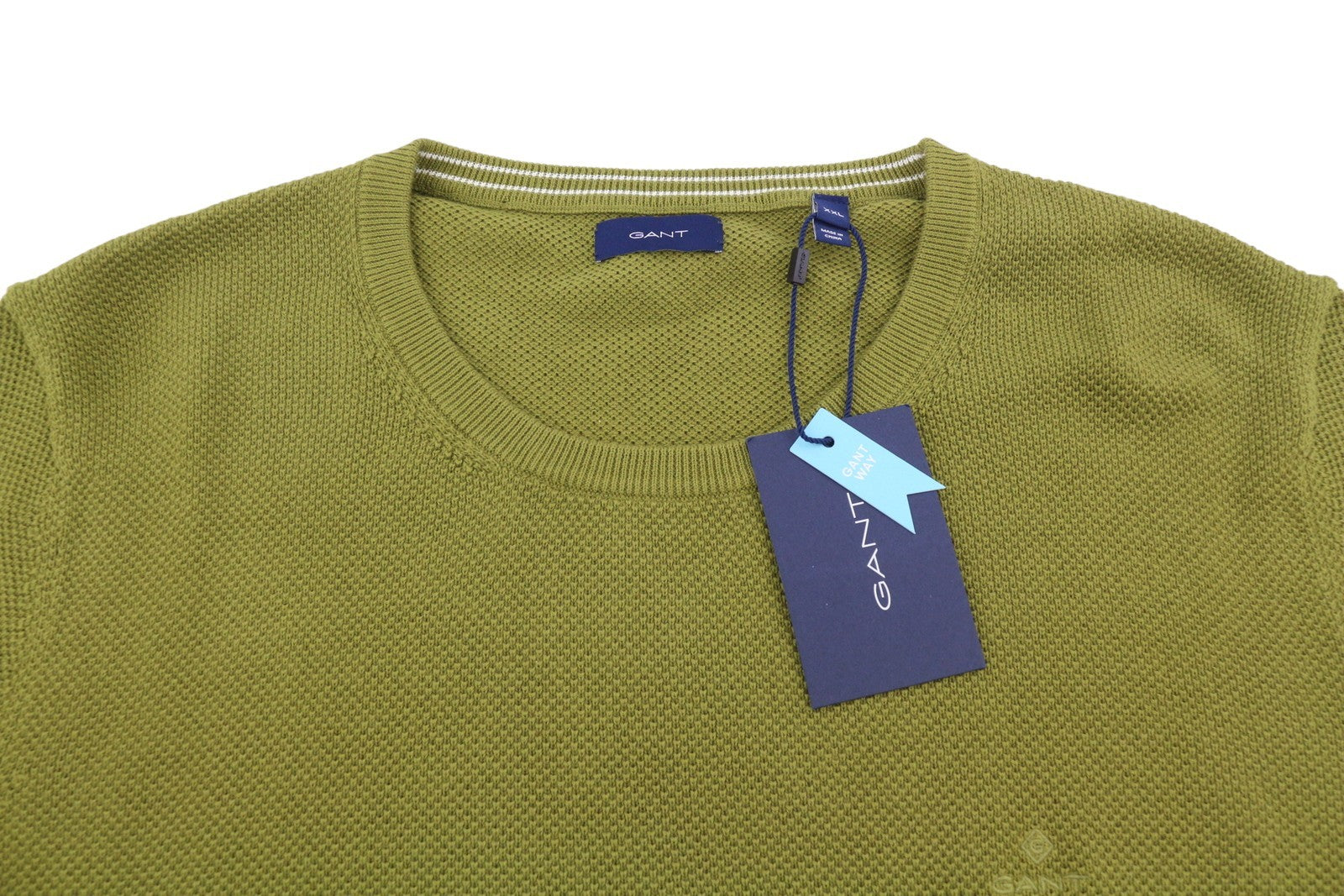 GANT Cotton Pique C-Neck Women Jumper 2XL Olive Green Waffle-Knit Pullover
