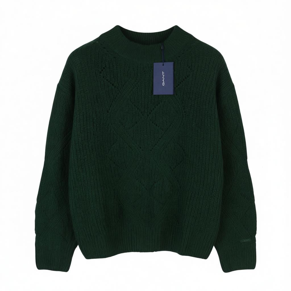 GANT Wool Mohair Pointelle Crew Women Jumper XL Tartan Green Knit Pullover