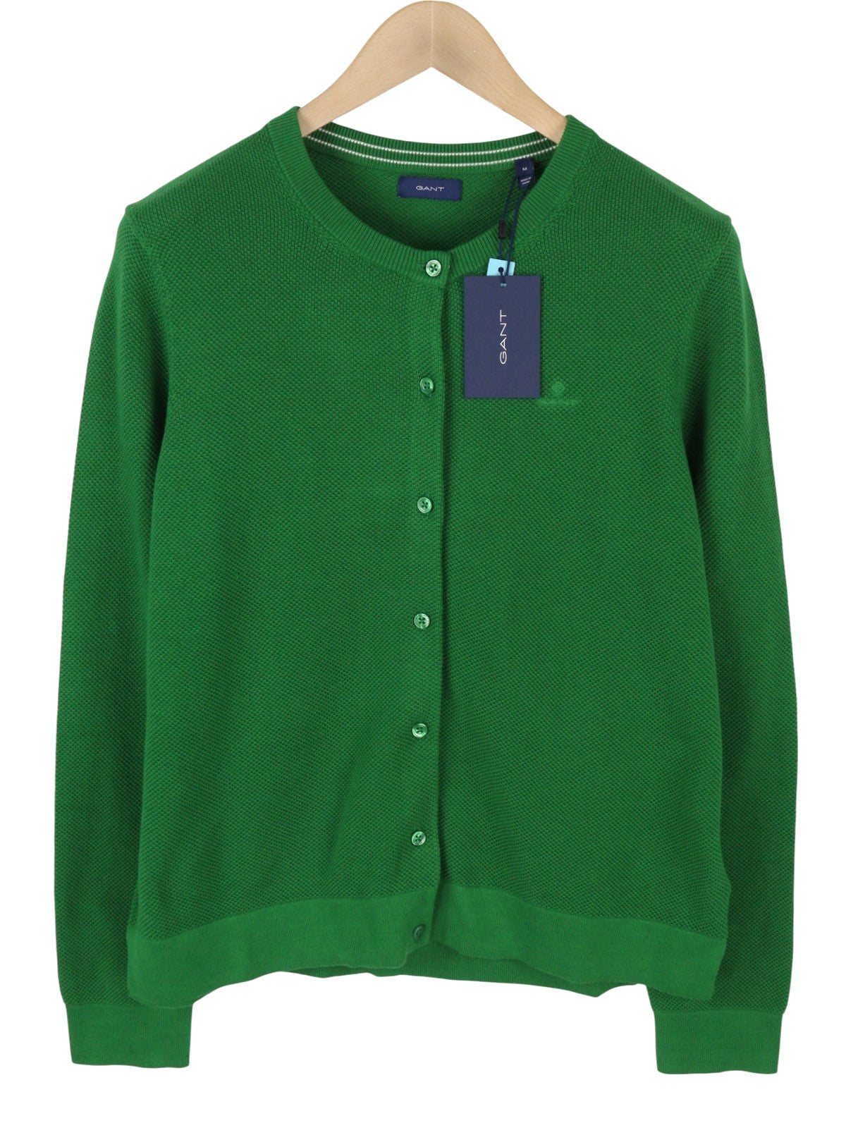 GANT Cotton Pique Cardigan Women Jumper M Lavish Green Button-Up Waffle-Knit