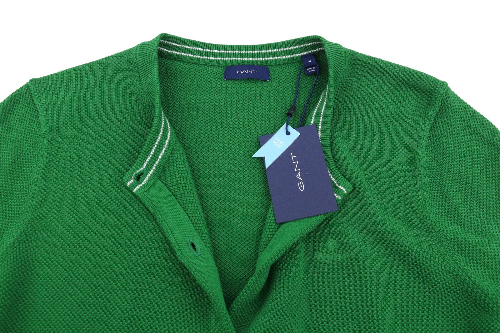 GANT Cotton Pique Cardigan Women Jumper M Lavish Green Button-Up Waffle-Knit