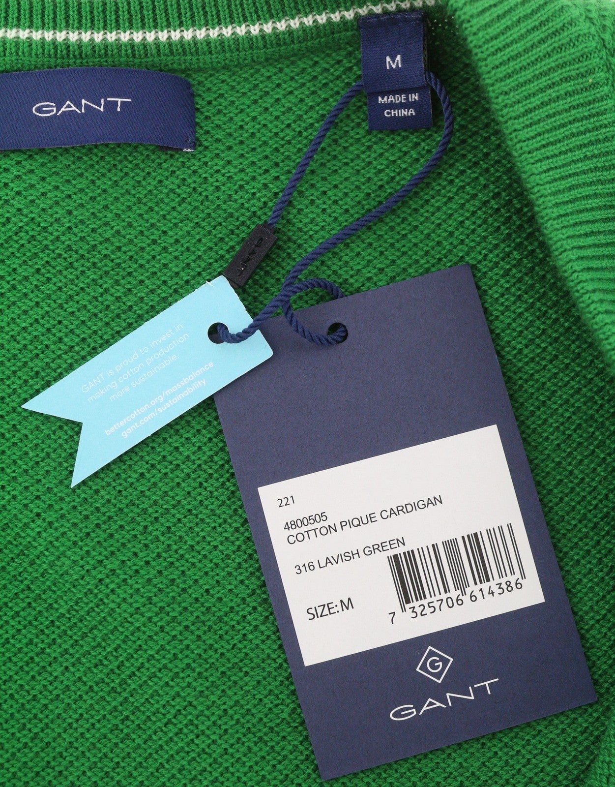 GANT Cotton Pique Cardigan Women Jumper M Lavish Green Button-Up Waffle-Knit