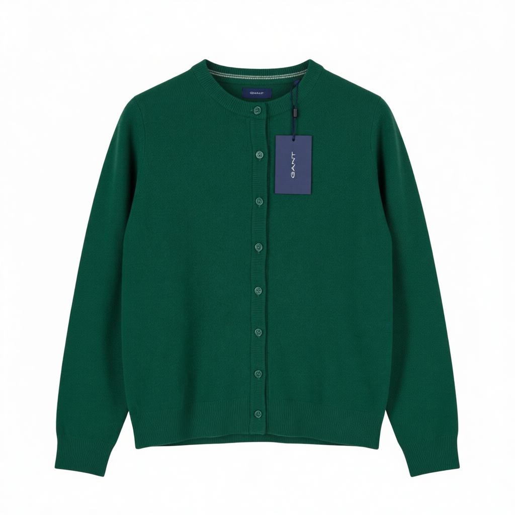 GANT Superfine Lambswool Crew Cardigan Women Jumper XS Ivy Green Button-Up Knit