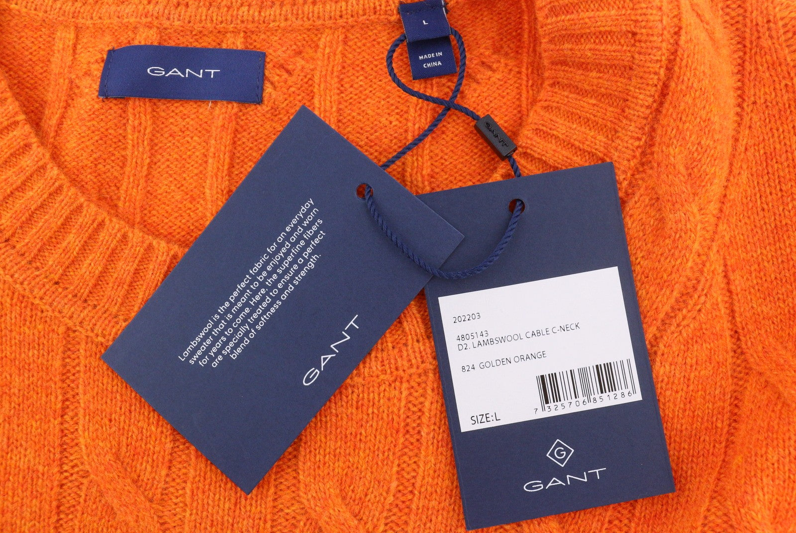 GANT Lambswool Cable C-Neck Women Jumper L Golden Orange Knit Pullover