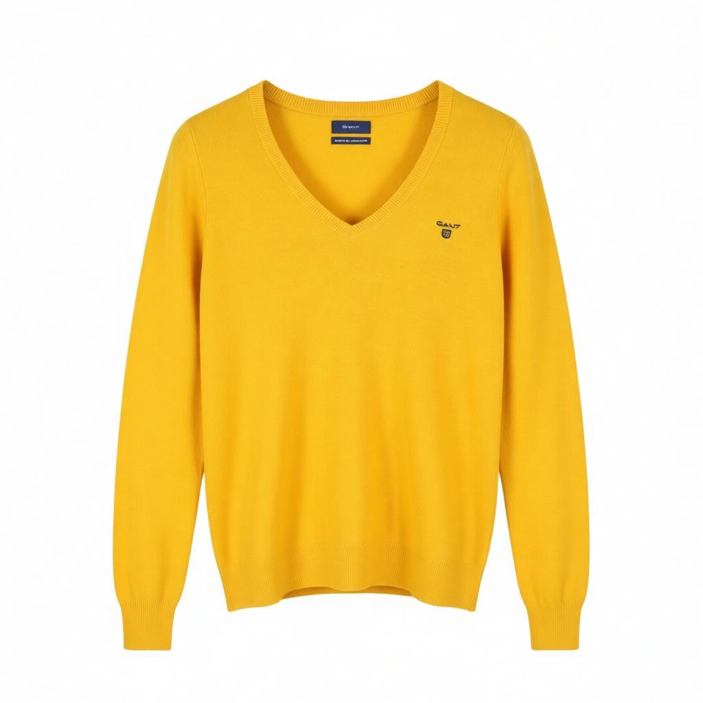 GANT Extrafine Lambswool V-Neck Women Jumper XS Ivy Gold Knit Pullover