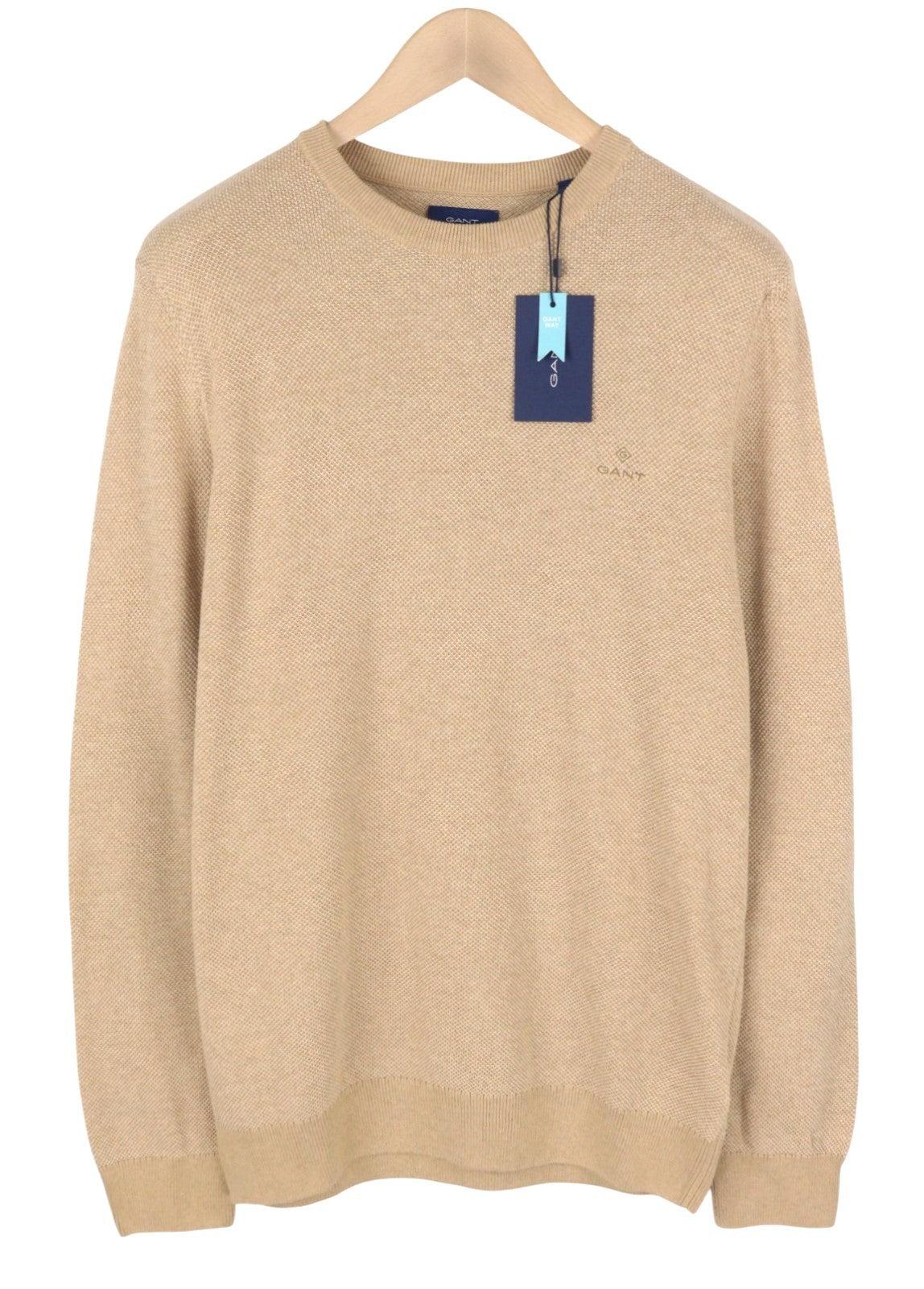 GANT Multi Texture Pique C-Neck Men Jumper L Khaki Melange Crew Neck Pullover