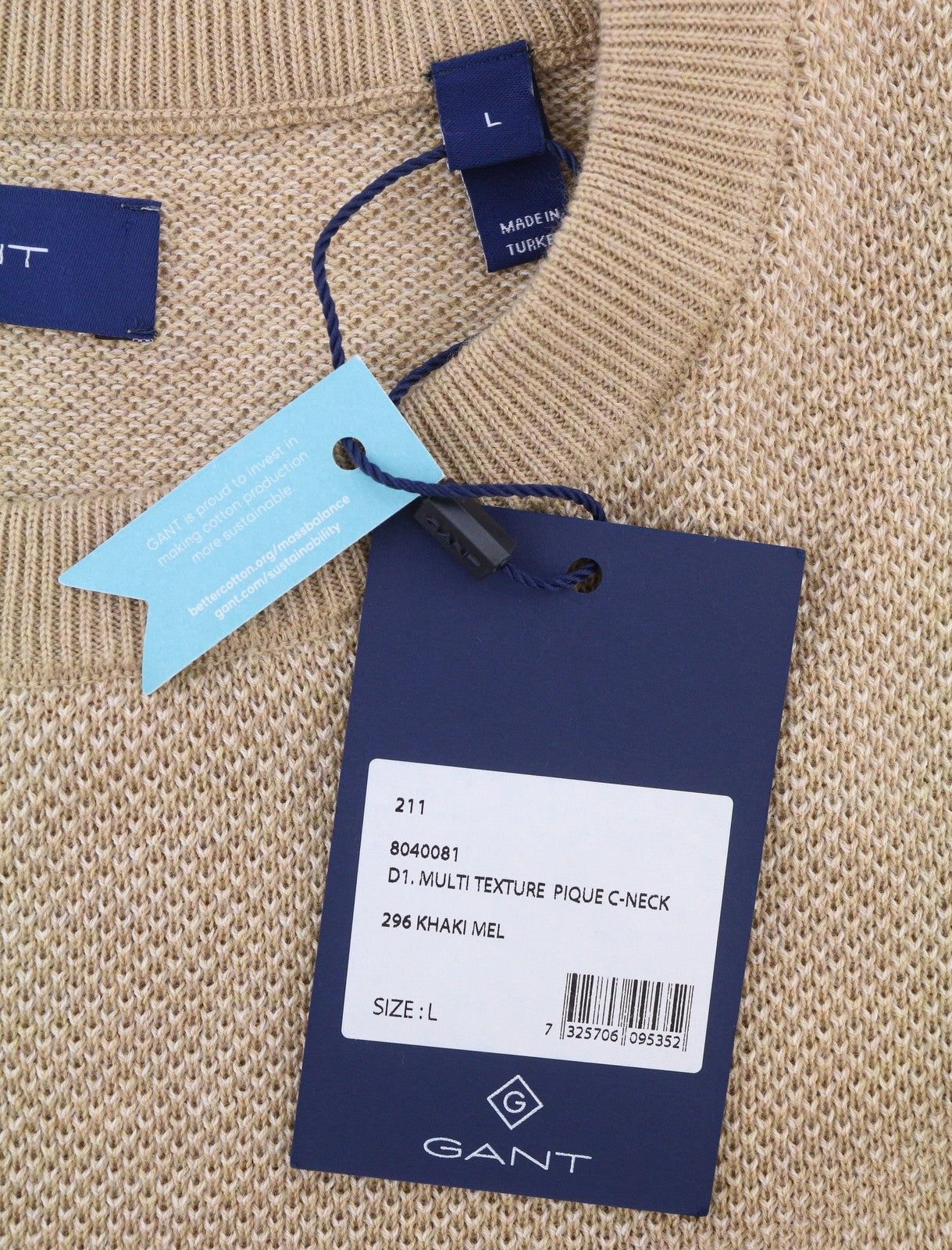 GANT Multi Texture Pique C-Neck Men Jumper L Khaki Melange Crew Neck Pullover