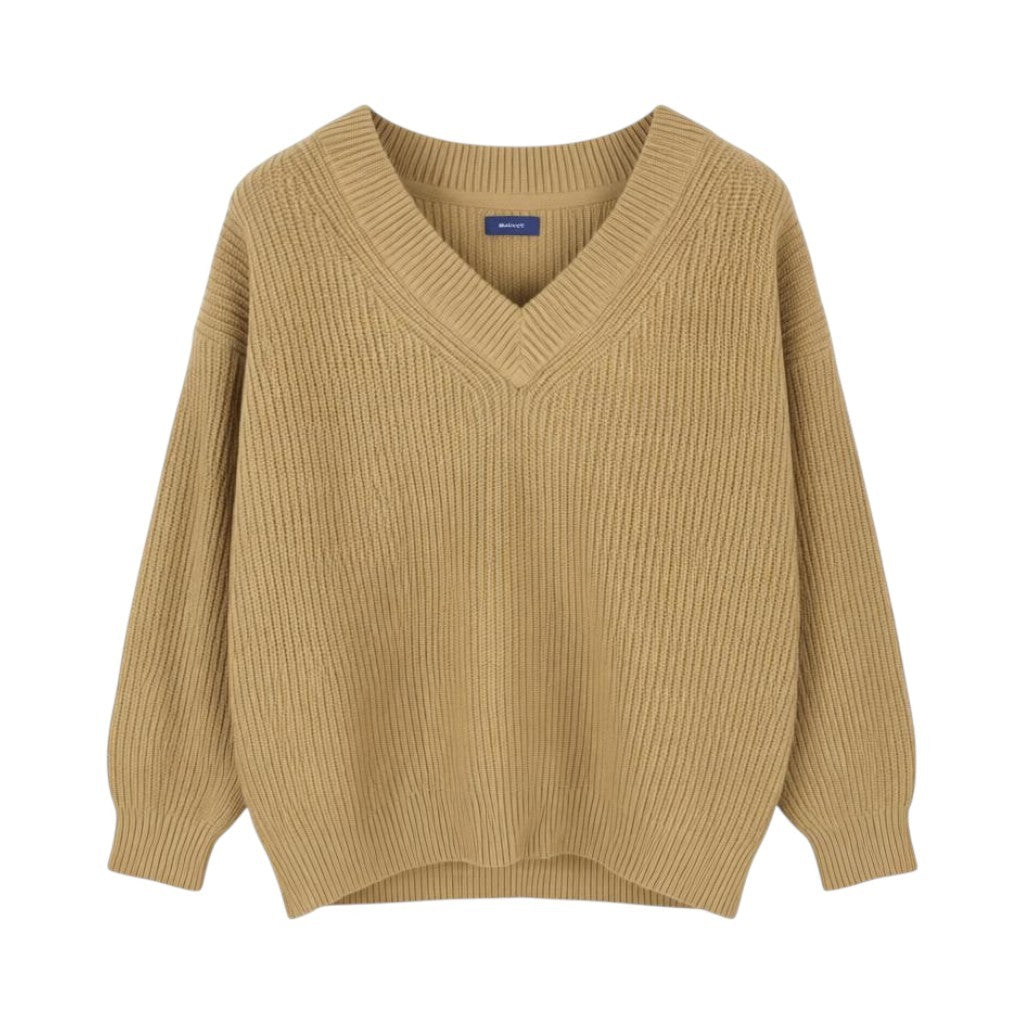 GANT Wool Rib V-Neck Women Jumper M Warm Khaki Knit Oversized Pullover