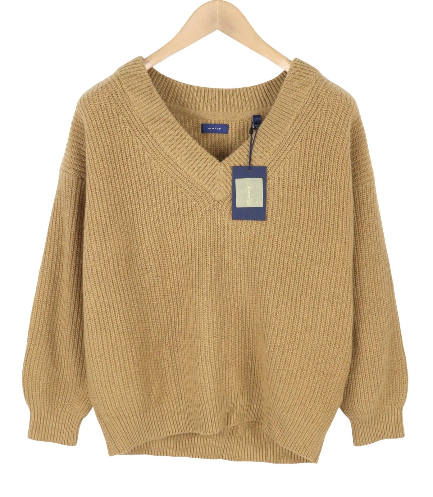 GANT Wool Rib V-Neck Women Jumper M Warm Khaki Knit Oversized Pullover