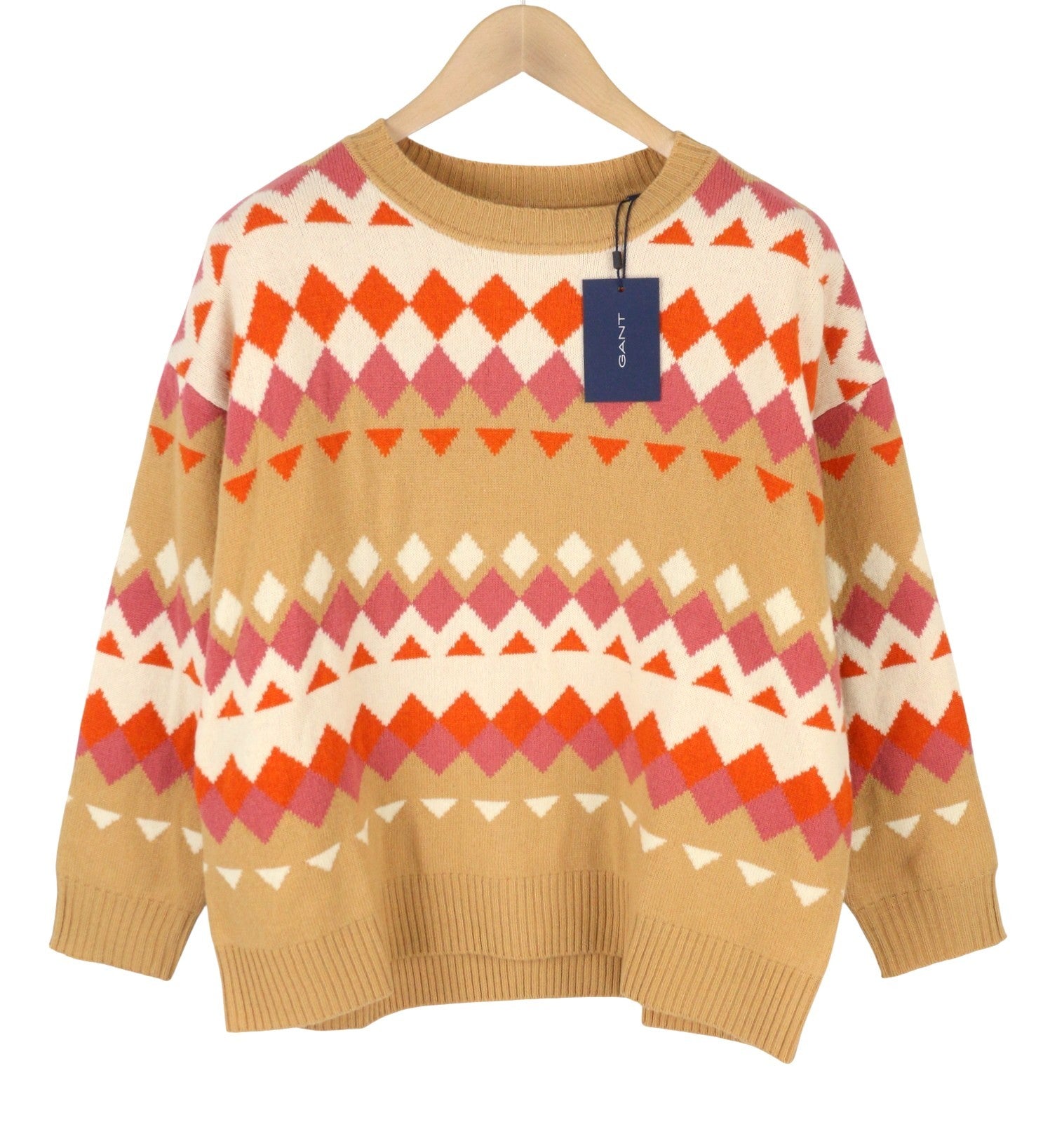 GANT Fairisle C-Neck Women Jumper L Toffee Beige Wool Cashmere Knit Pullover