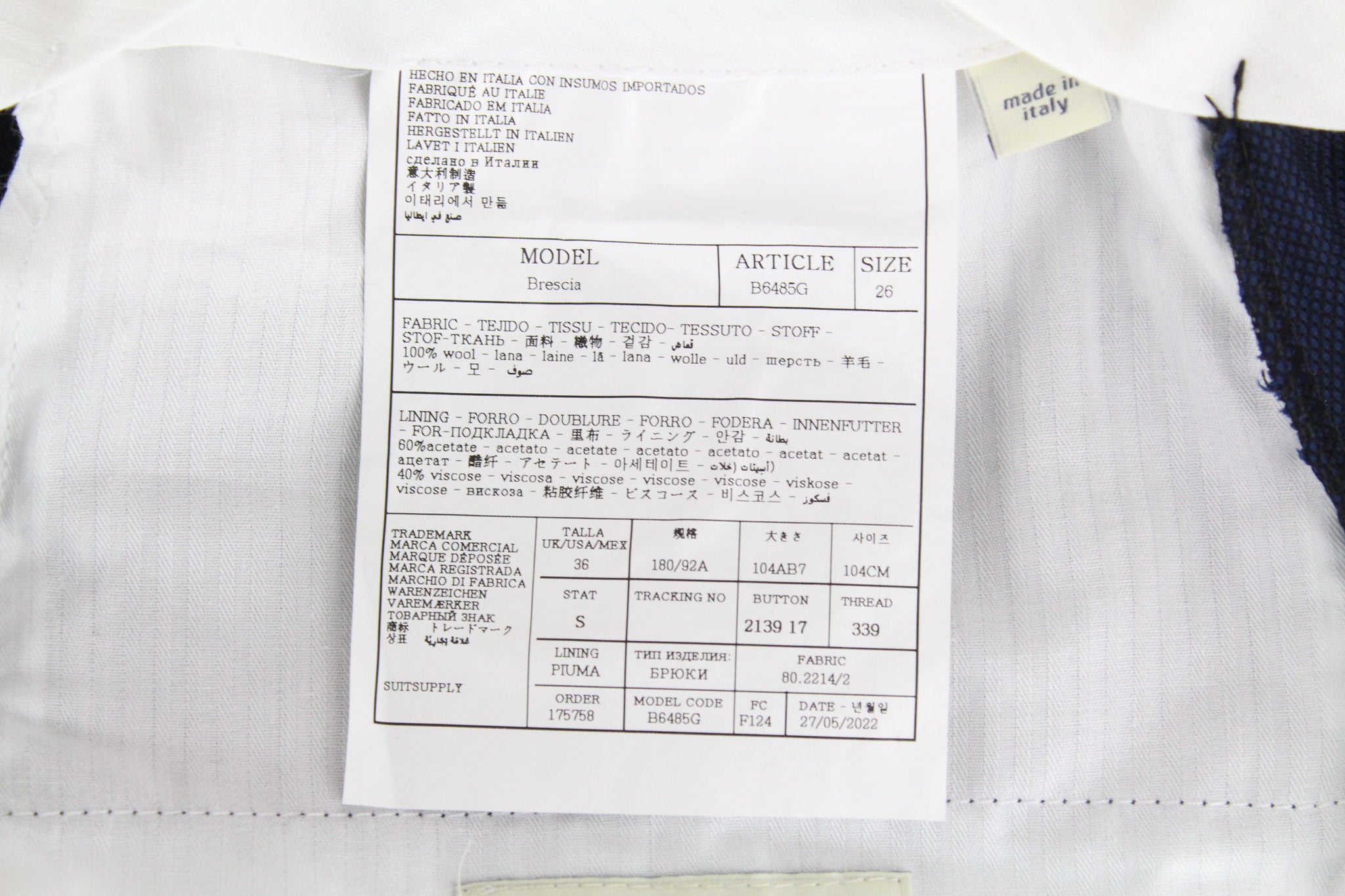 SUITSUPPLY Sienna Men's UK40S Formal Suit Blue Super 130's Wool 2-Piece