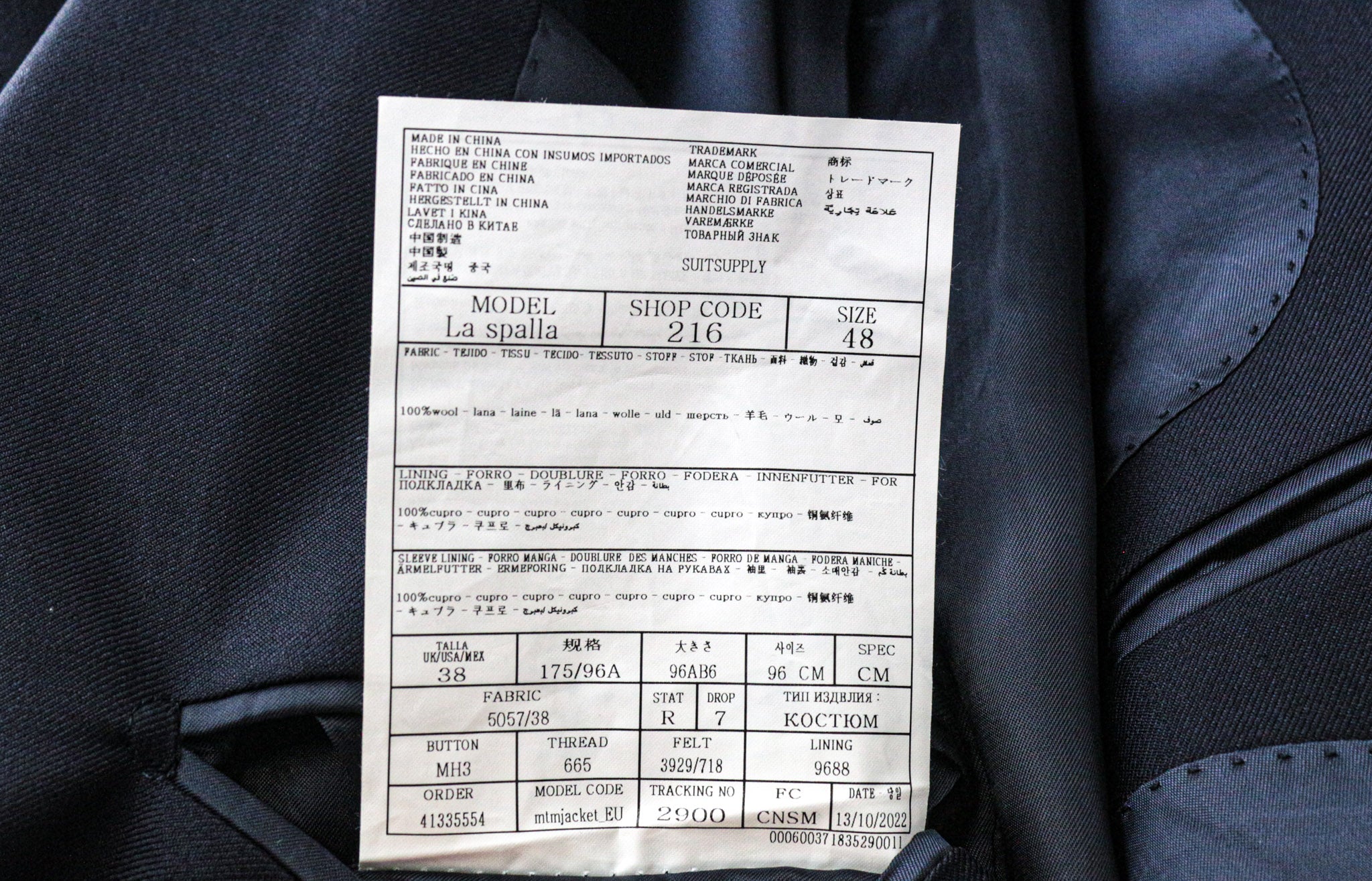 SUITSUPPLY La Spalla Men's Suit UK38R Slim Blue 2pc Formal Pure Wool S110