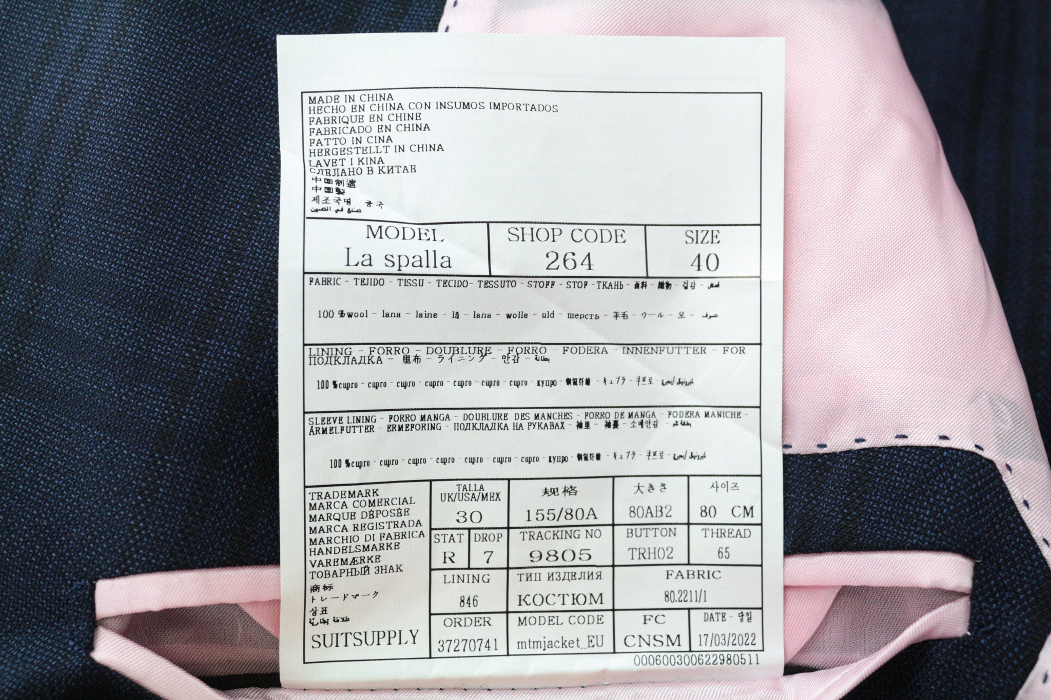 SUITSUPPLY La Spalla Men's UK30R Suit Blue Slim Fit Check S130 Wool 2 Piece