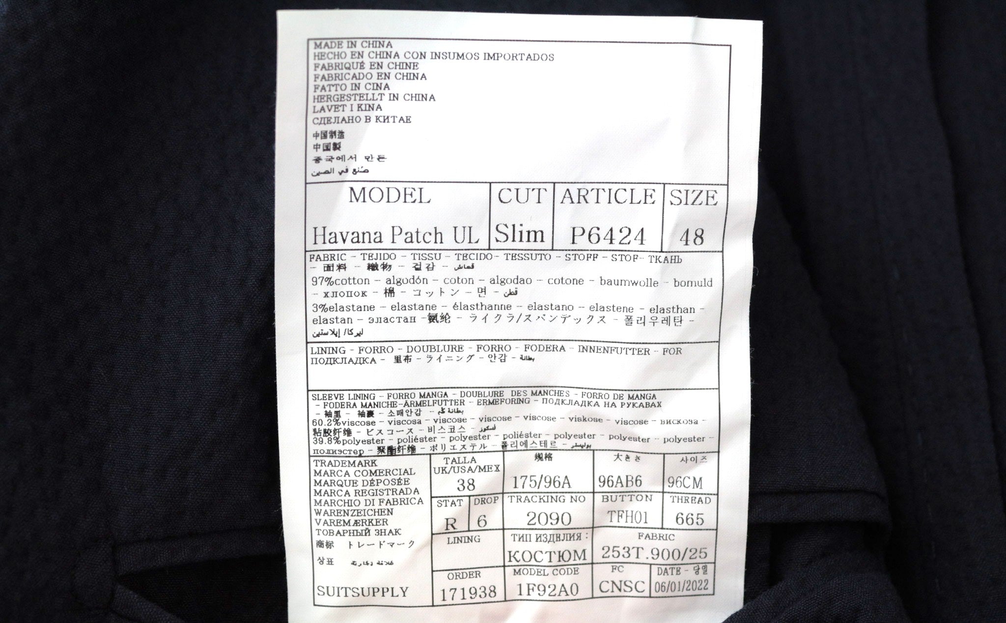 SUITSUPPLY Havana Patch Men's UK38R Navy Slim Cotton Stretch Suit 2-Piece