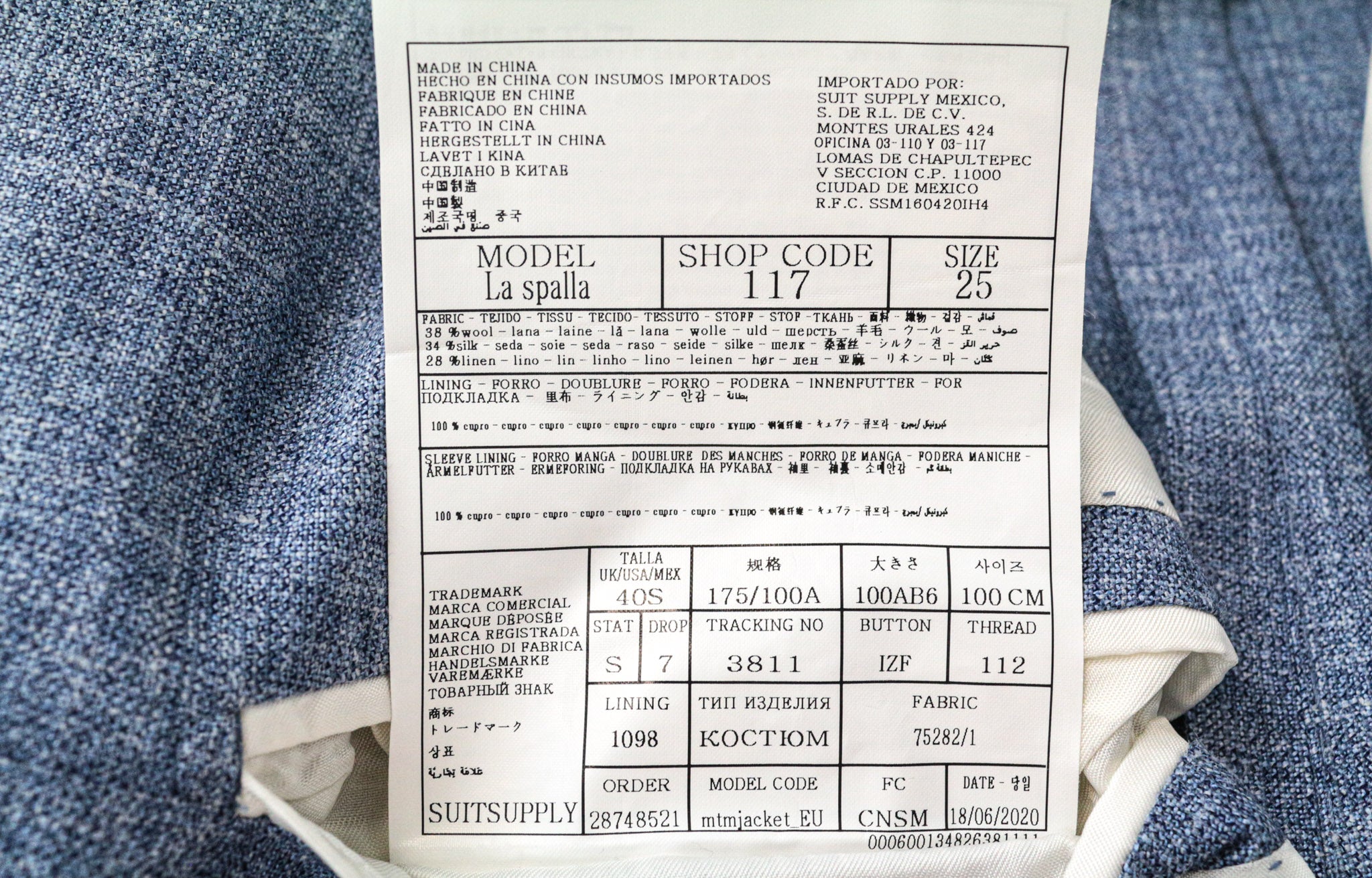 SUITSUPPLY La Spalla Men's UK40S Suit Blue Slim 3-Piece Wool Silk Melange