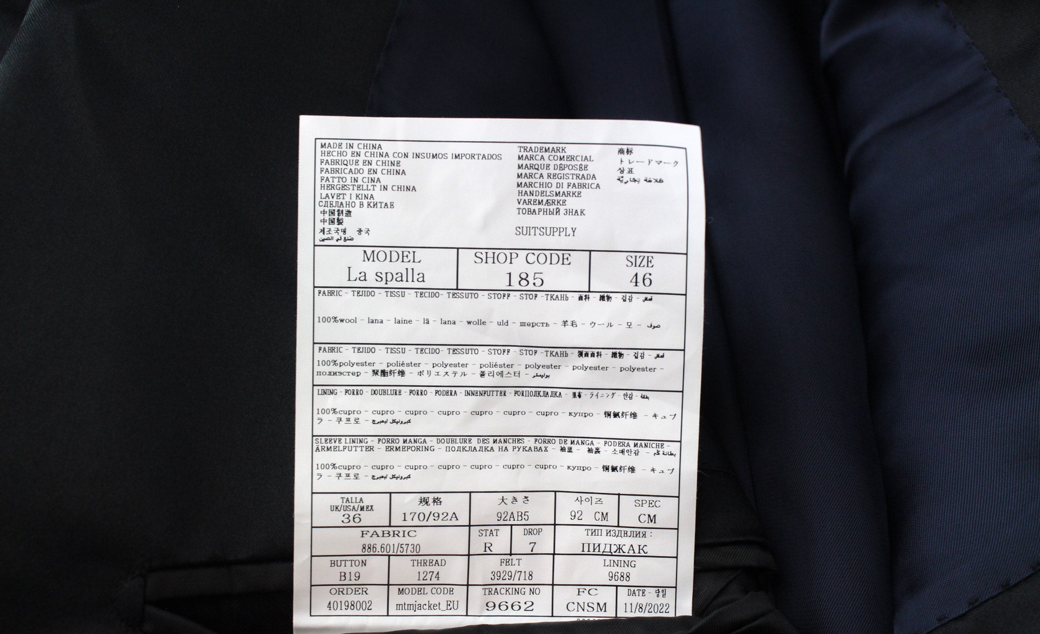 SUITSUPPLY La Spalla Men's Suit UK36R Navy Wool 3 Piece Single Front