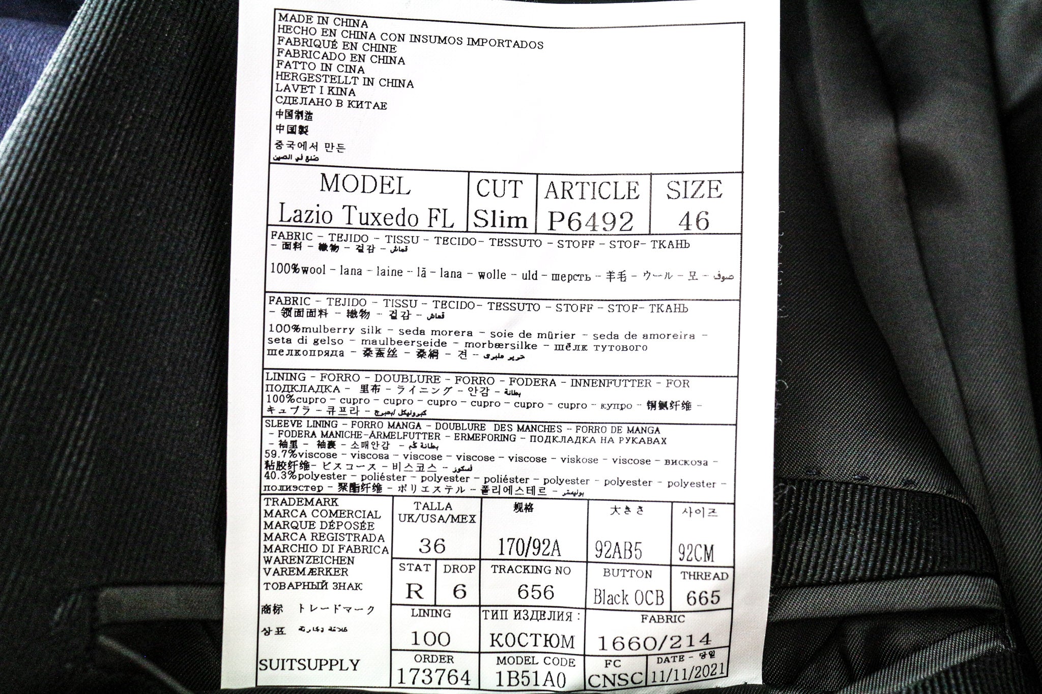 SUITSUPPLY Lazio Tuxedo Men's Suit UK36R Slim Fit Navy Super 130's Wool 3-Piece