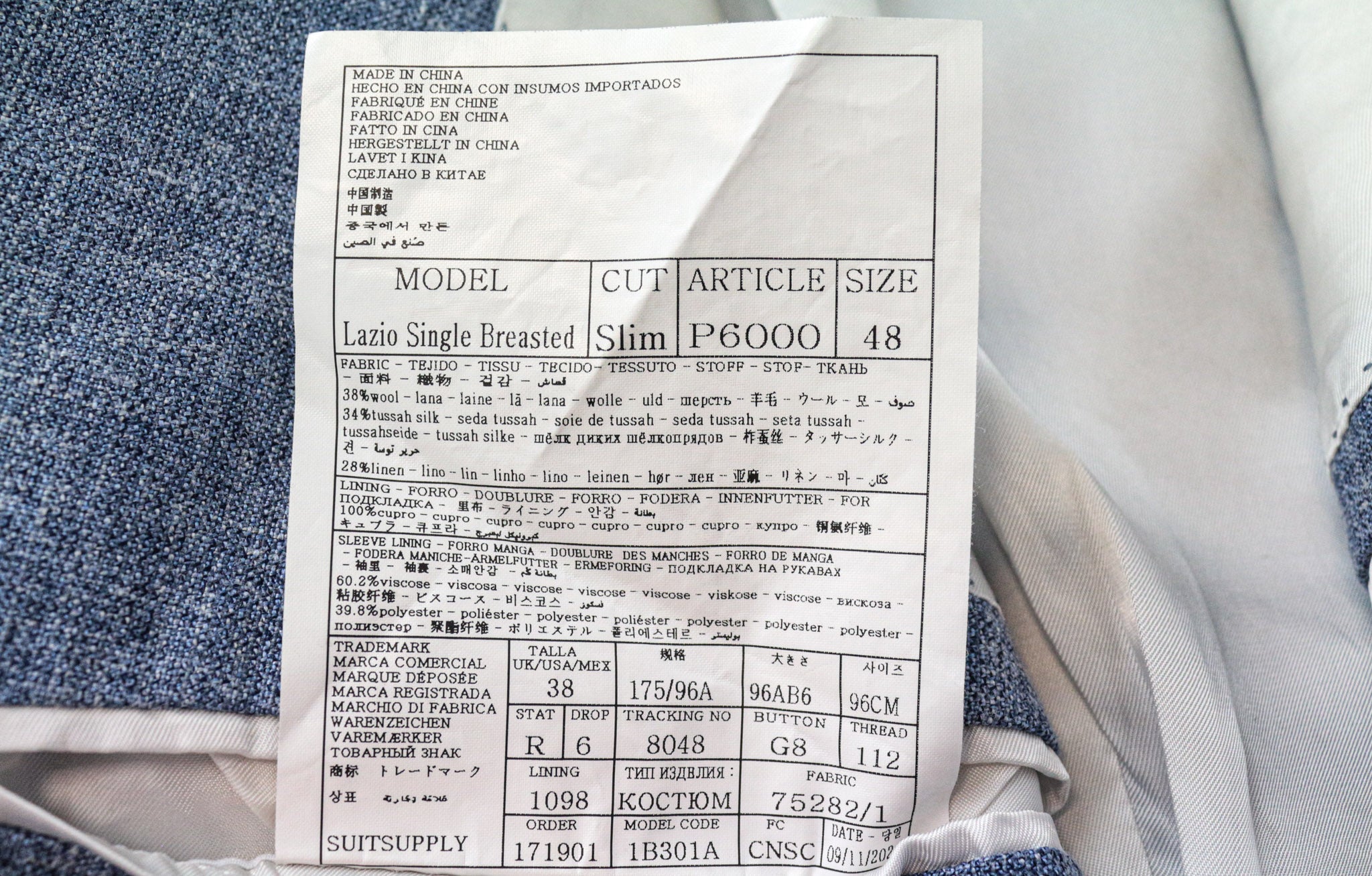 SUITSUPPLY Lazio Men's Suit UK38R Slim Blue Wool Silk Linen Classic 2-Piece