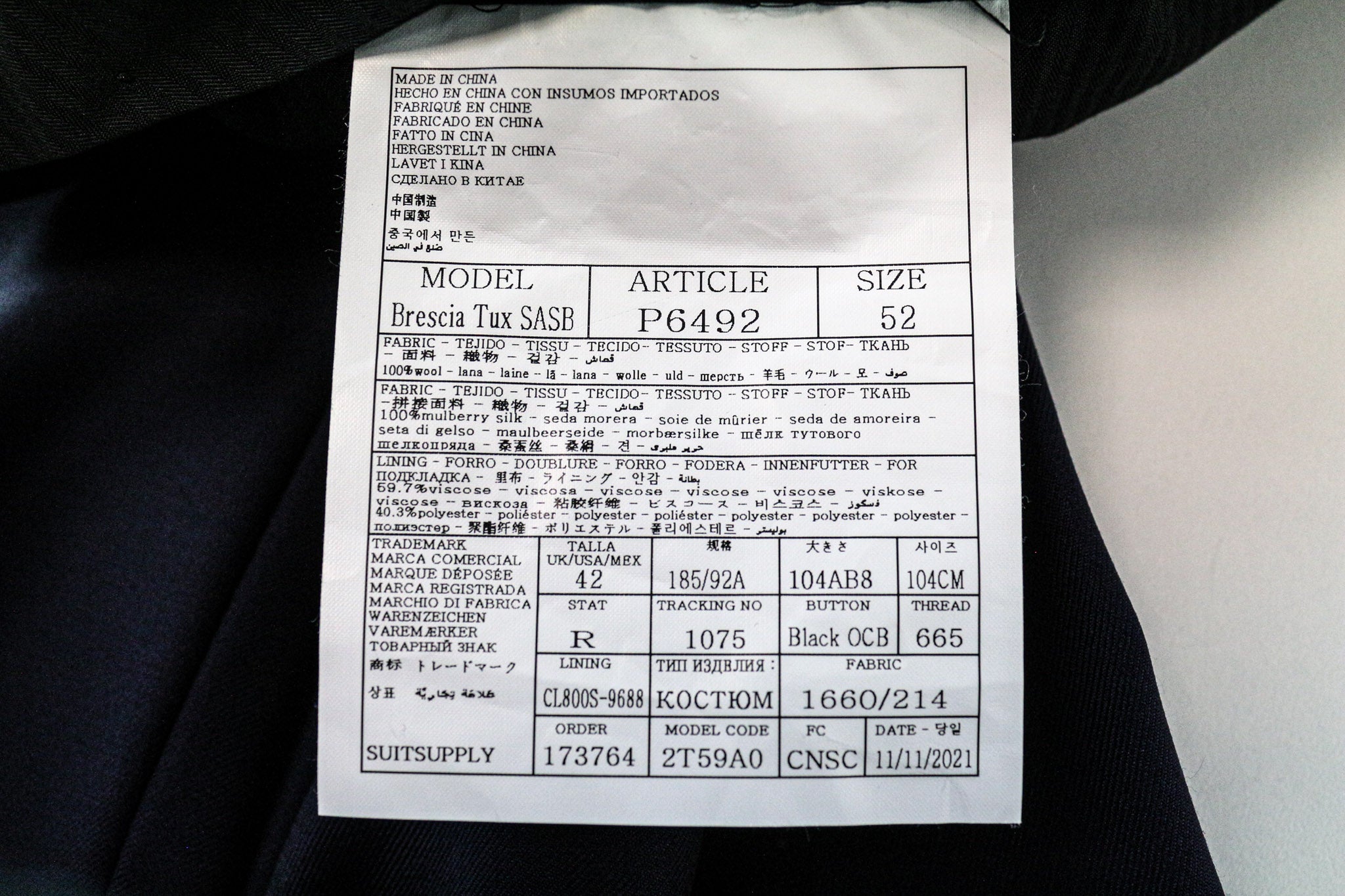 SUITSUPPLY Lazio Tuxedo Men's Suit UK42R Blue Slim S130s Wool 3Pc Peak Lapel