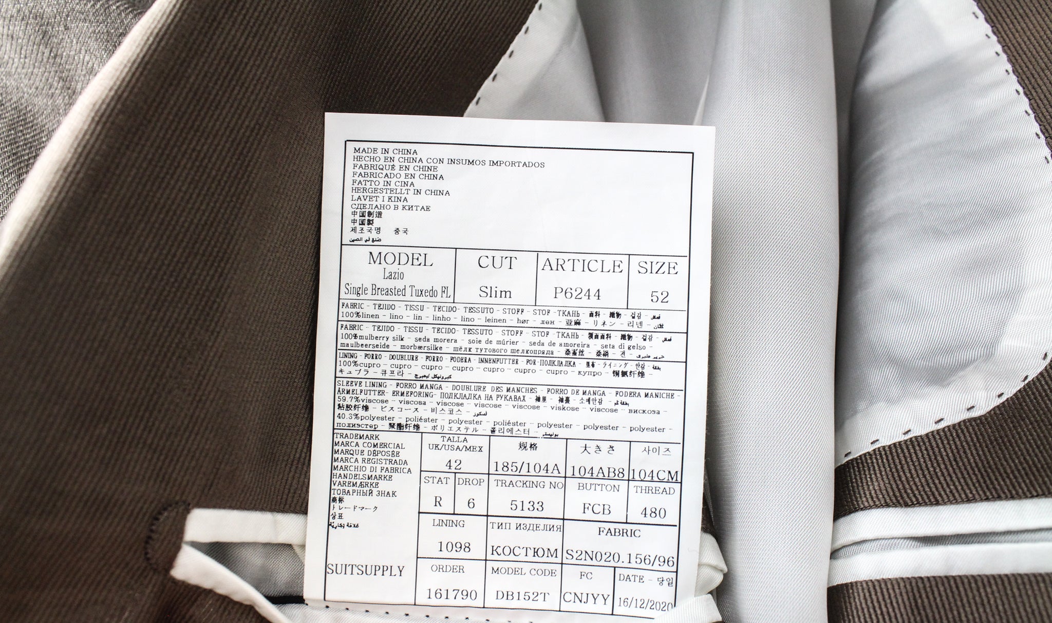 SUITSUPPLY Lazio Tuxedo Men's Suit UK42R Slim 2 Piece Brown Linen Peak Collar