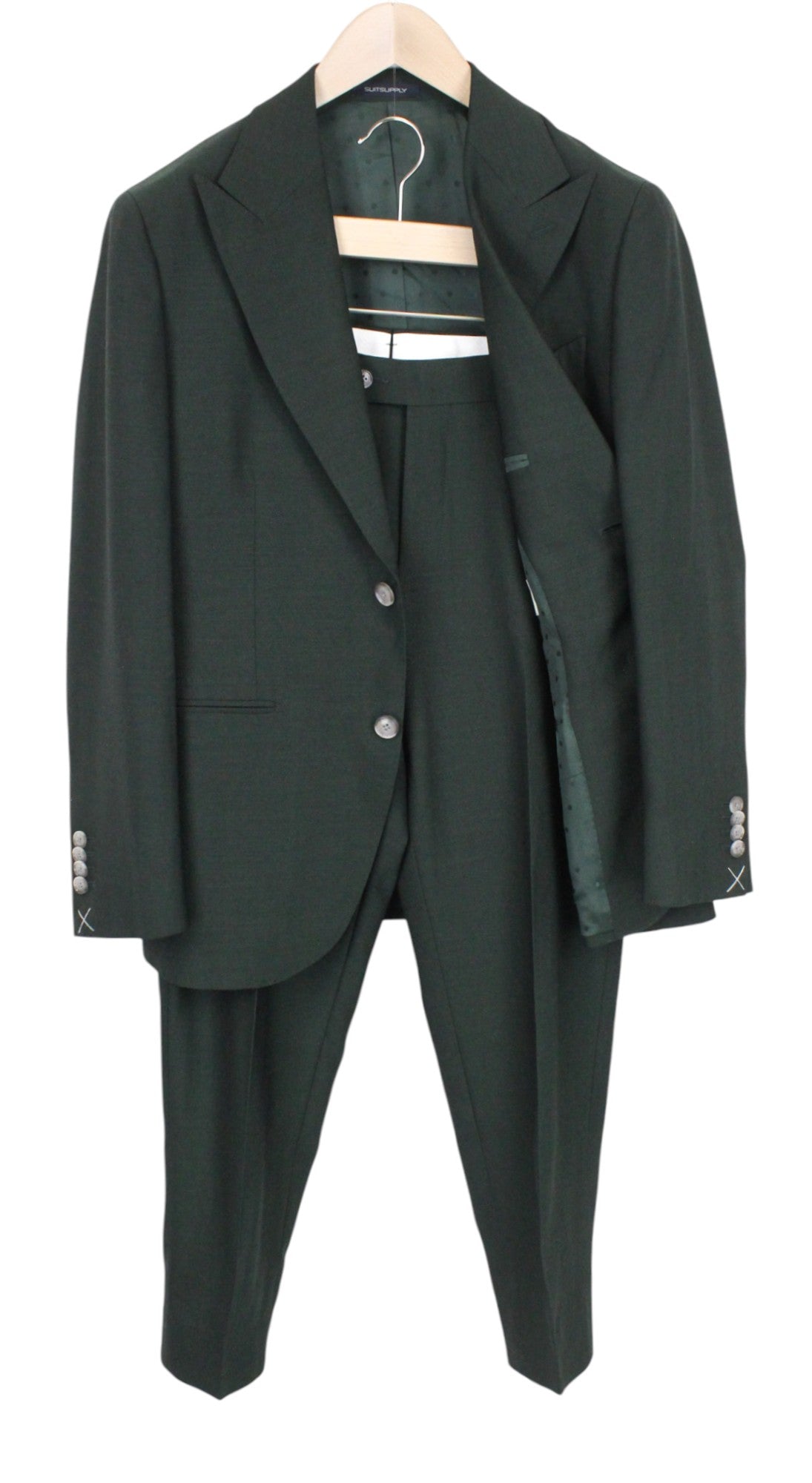 SUITSUPPLY La Spalla Men's Suit UK36S Dark Green Wool 2Pc Slim Formal Melange