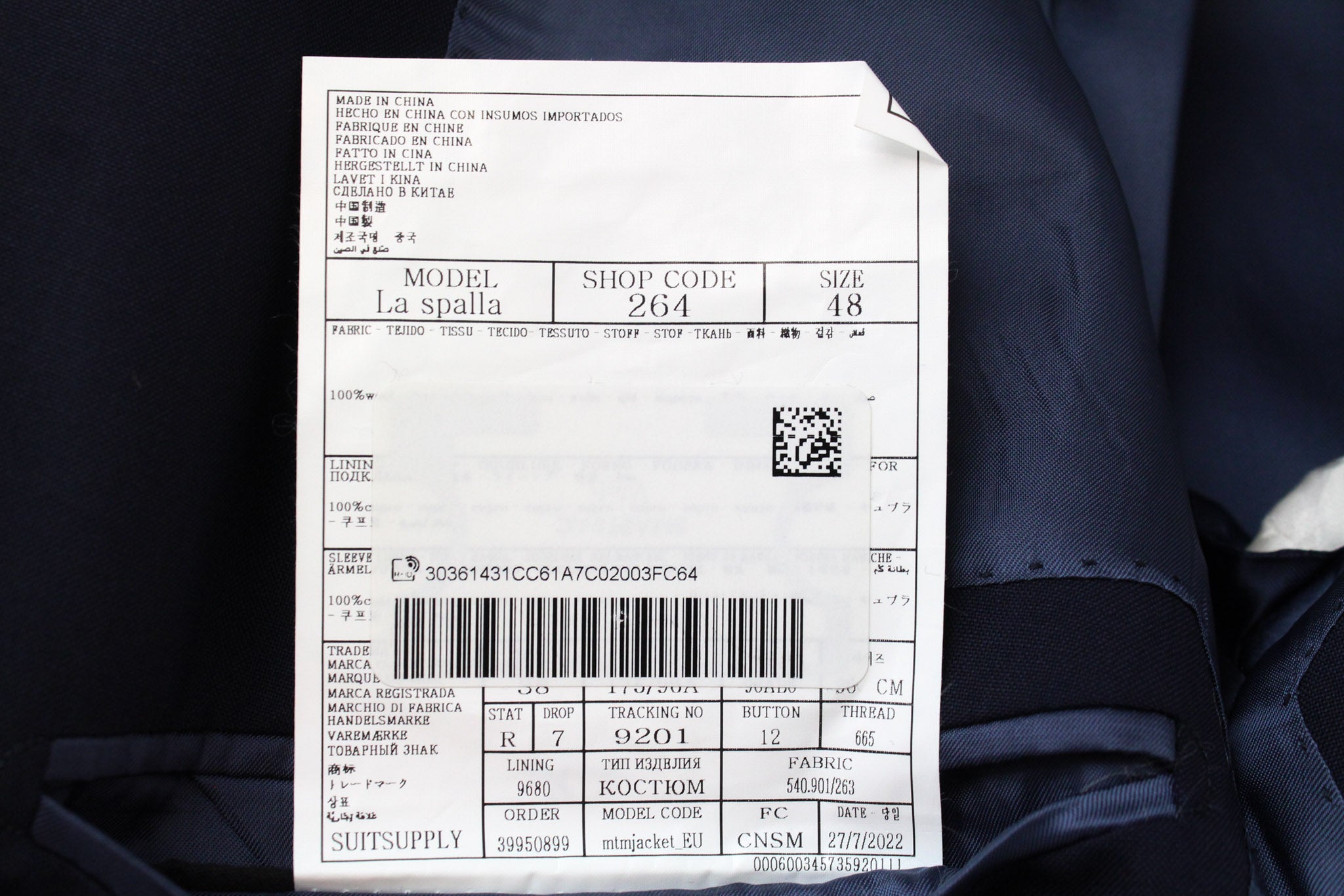 SUITSUPPLY La Spalla Suit UK38R Blue Wool Slim 2-Piece S120 Formal Men's Look