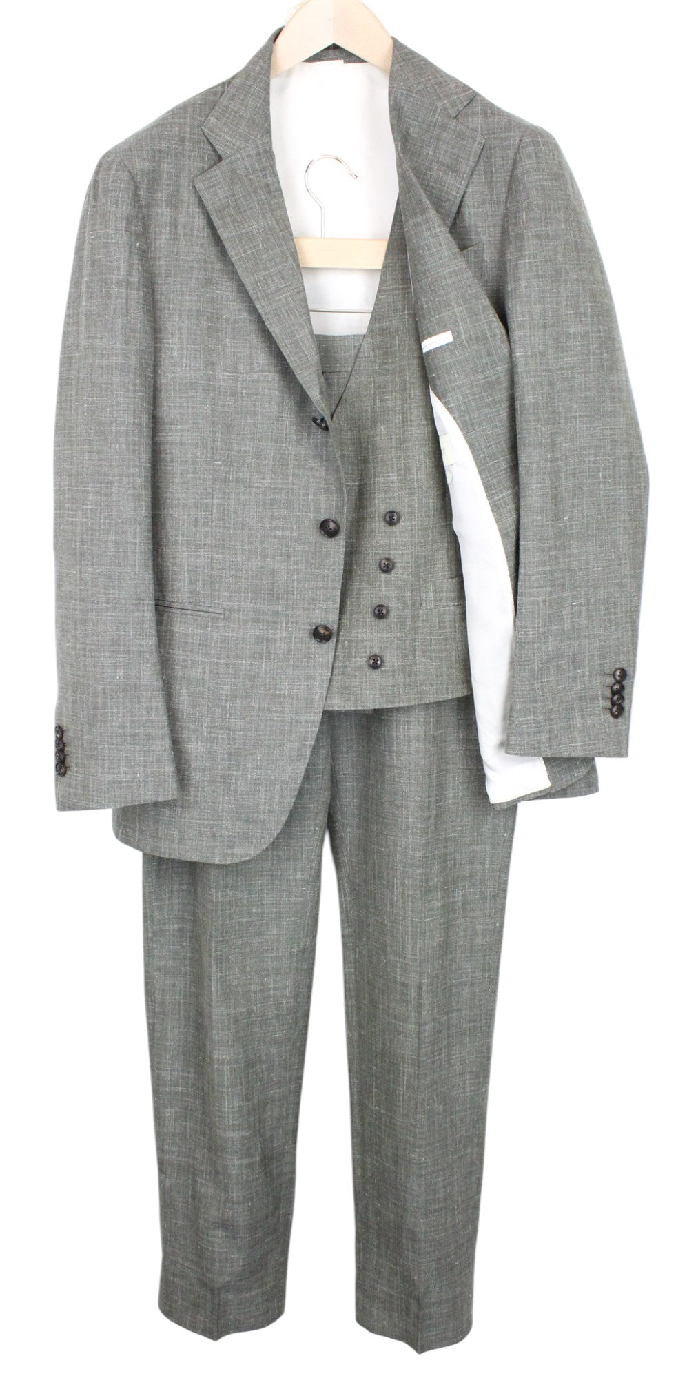 SUITSUPPLY Havana Suit UK40R 3-Piece Slim Melange Green Linen Wool Silk Men's