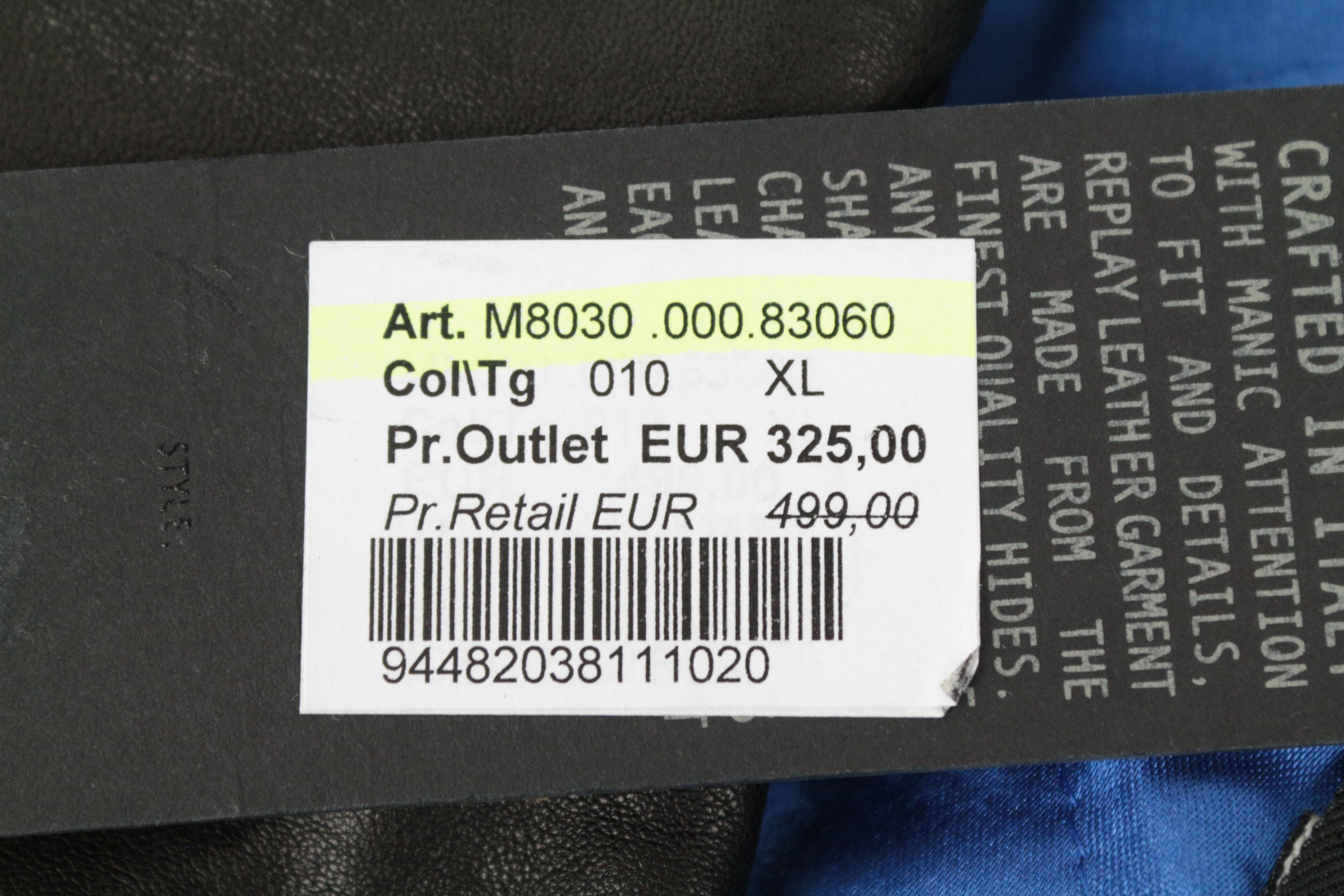 REPLAY Men's XL Black Lambskin Biker Jacket Belted Collared Pocketed Lined