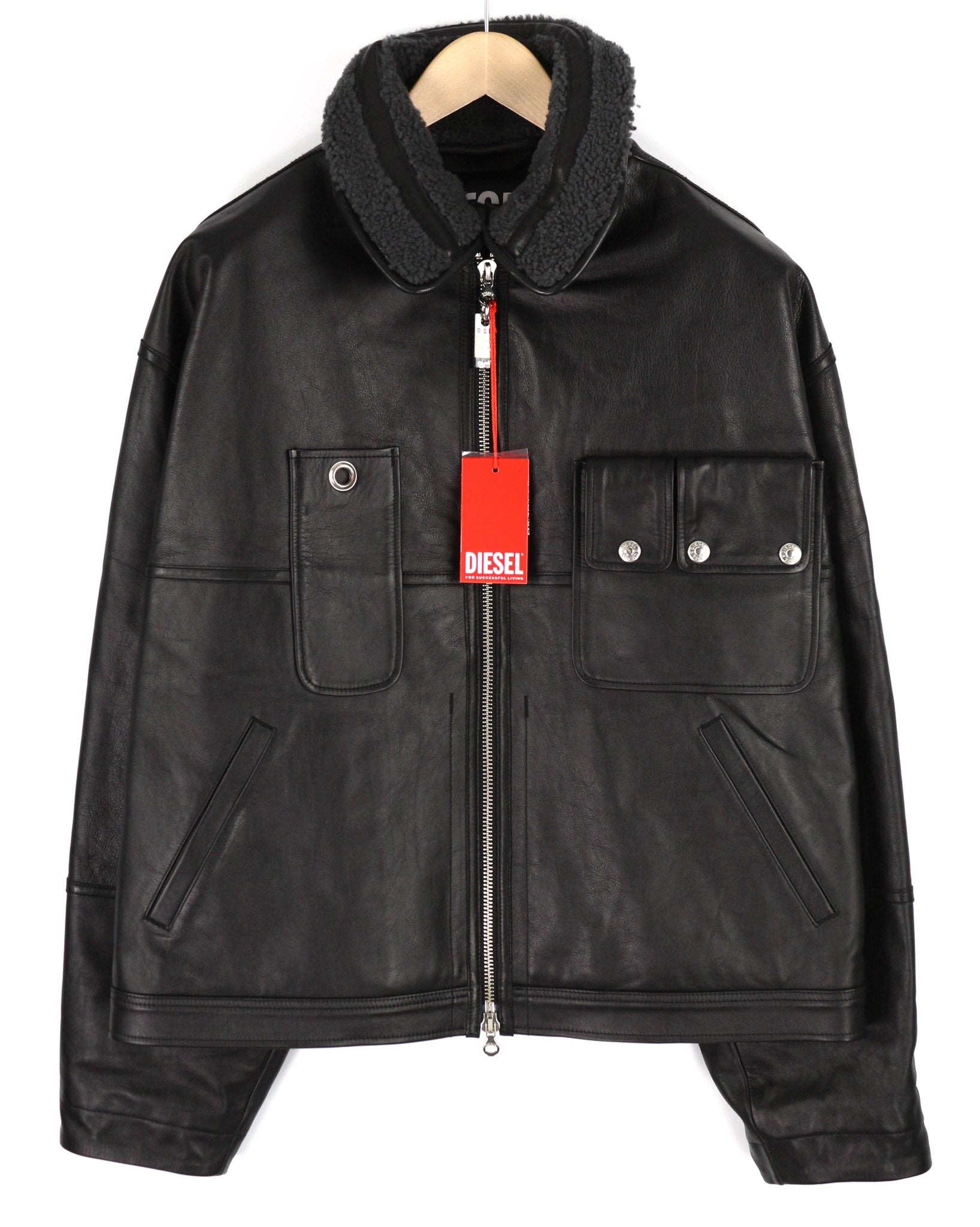 DIESEL L-Gilbert-Fur Mens Jacket XL Cowhide Leather Lambskin Collar RRP€1095