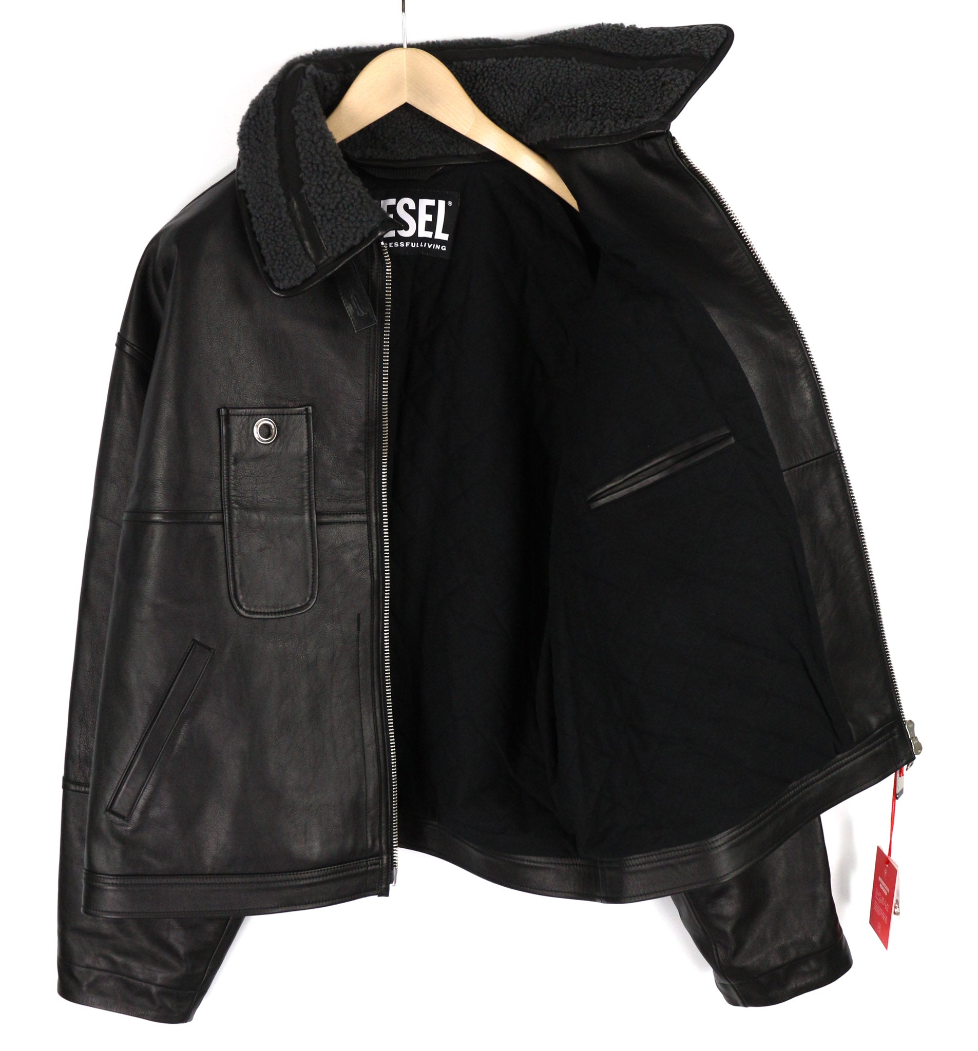DIESEL L-Gilbert-Fur Mens Jacket XL Cowhide Leather Lambskin Collar RRP€1095