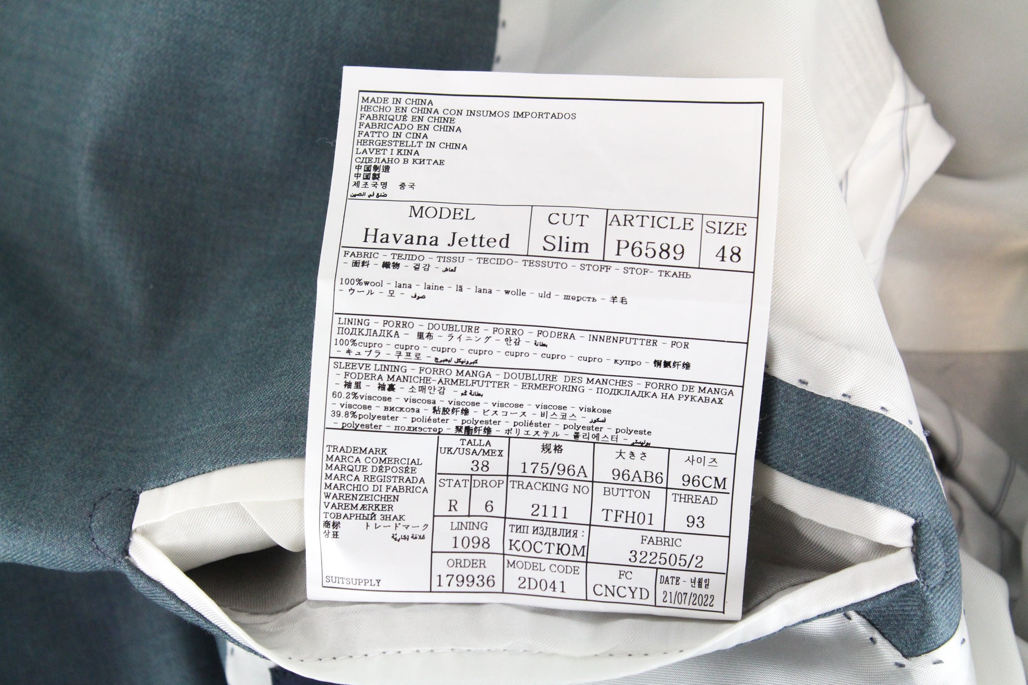 SUITSUPPLY Havana Jetted Men's UK38R Blue Slim Fit Wool Lined 2Pc Suit