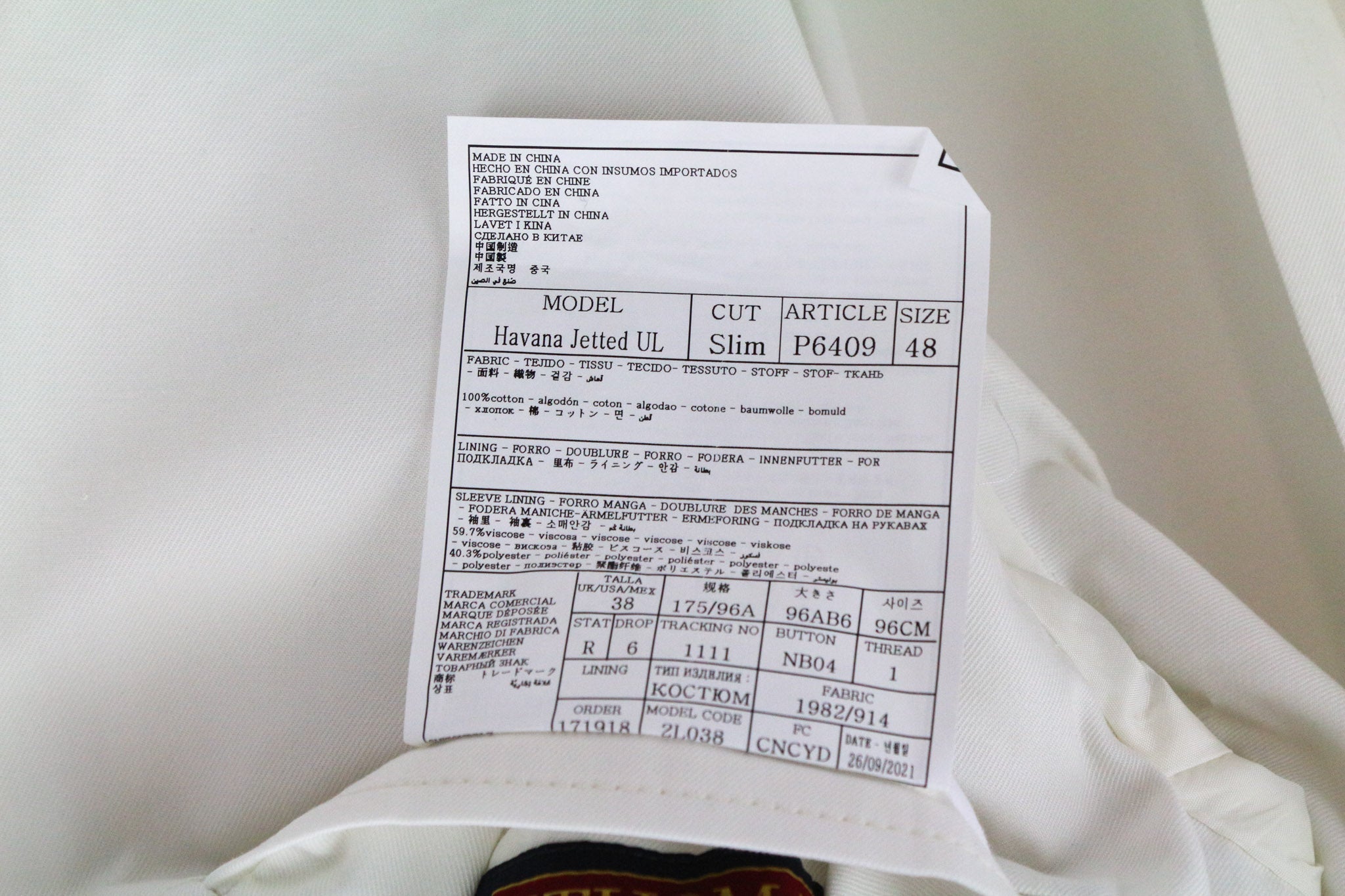 SUITSUPPLY Havana Men's Suit UK38R Off-White Slim Cotton Single-Breasted 2Piece