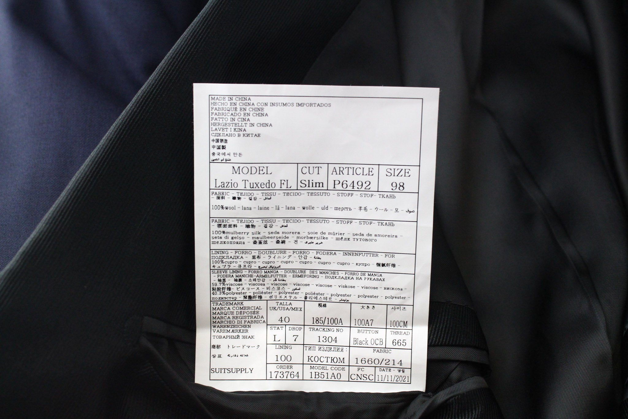 SUITSUPPLY Lazio Men's Suit UK40L Blue Slim S130 Wool Tux 3 Piece Formal