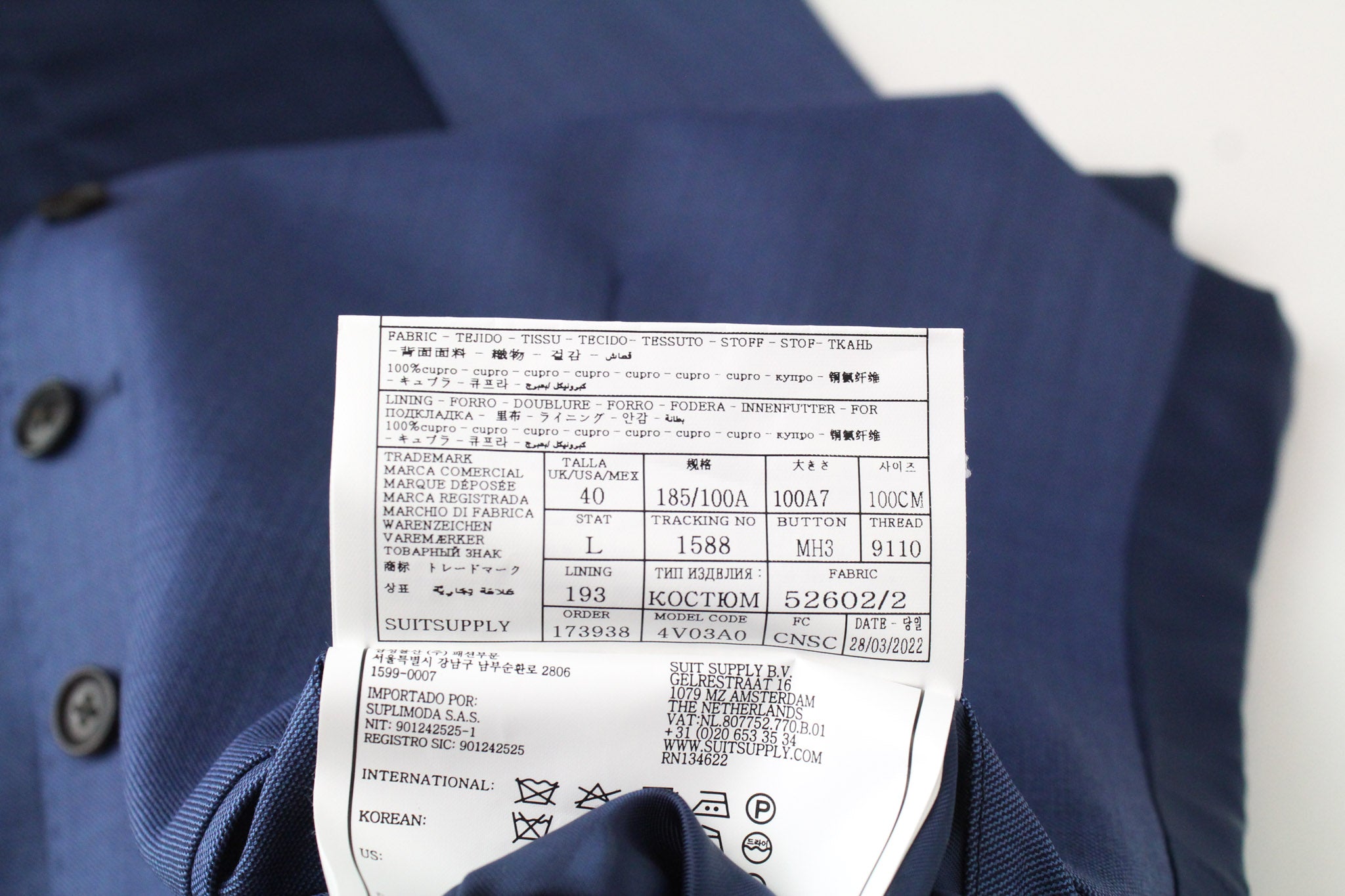 SUITSUPPLY Lazio La Spalla Men's Suit UK40L Slim Blue Wool 3Pc Super 150's